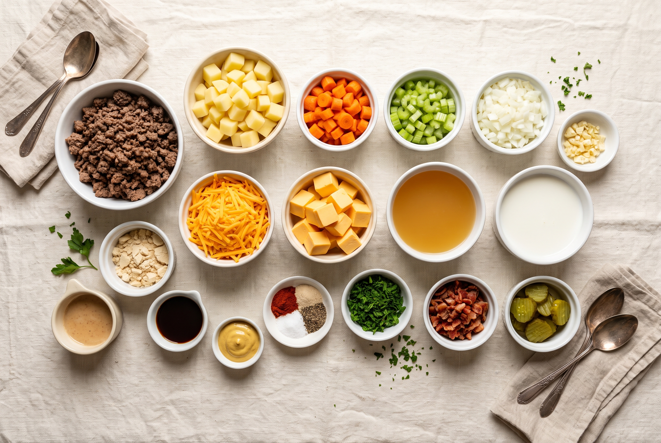 Ingredients for easy cheeseburger soup: lean ground beef, diced onion, carrots, celery, Yukon Gold potatoes, beef broth, butter, flour, milk, a block of sharp cheddar, Worcestershire, mustard, ketchup, dill pickles and bacon for a bacon cheeseburger soup