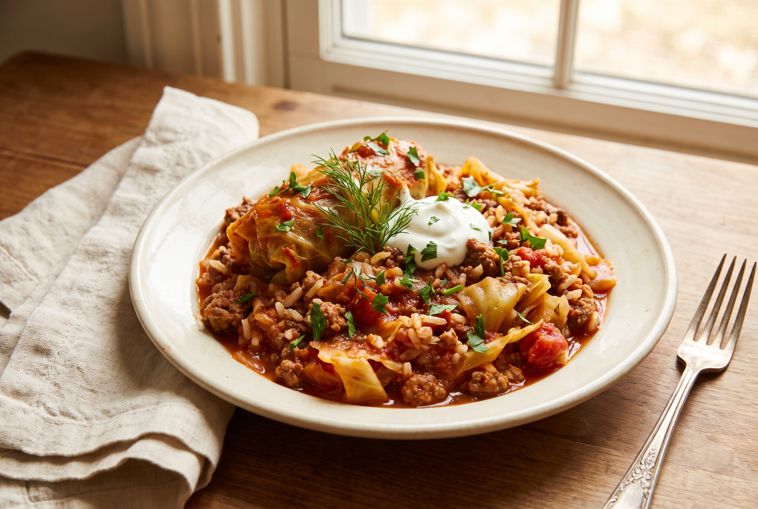 A bowl of cabbage roll in a bowl with lean ground beef, rice and tender cabbage in a sweet-sour tomato sauce, topped with parsley and a spoon of Greek yogurt, a lazy cabbage rolls dinner