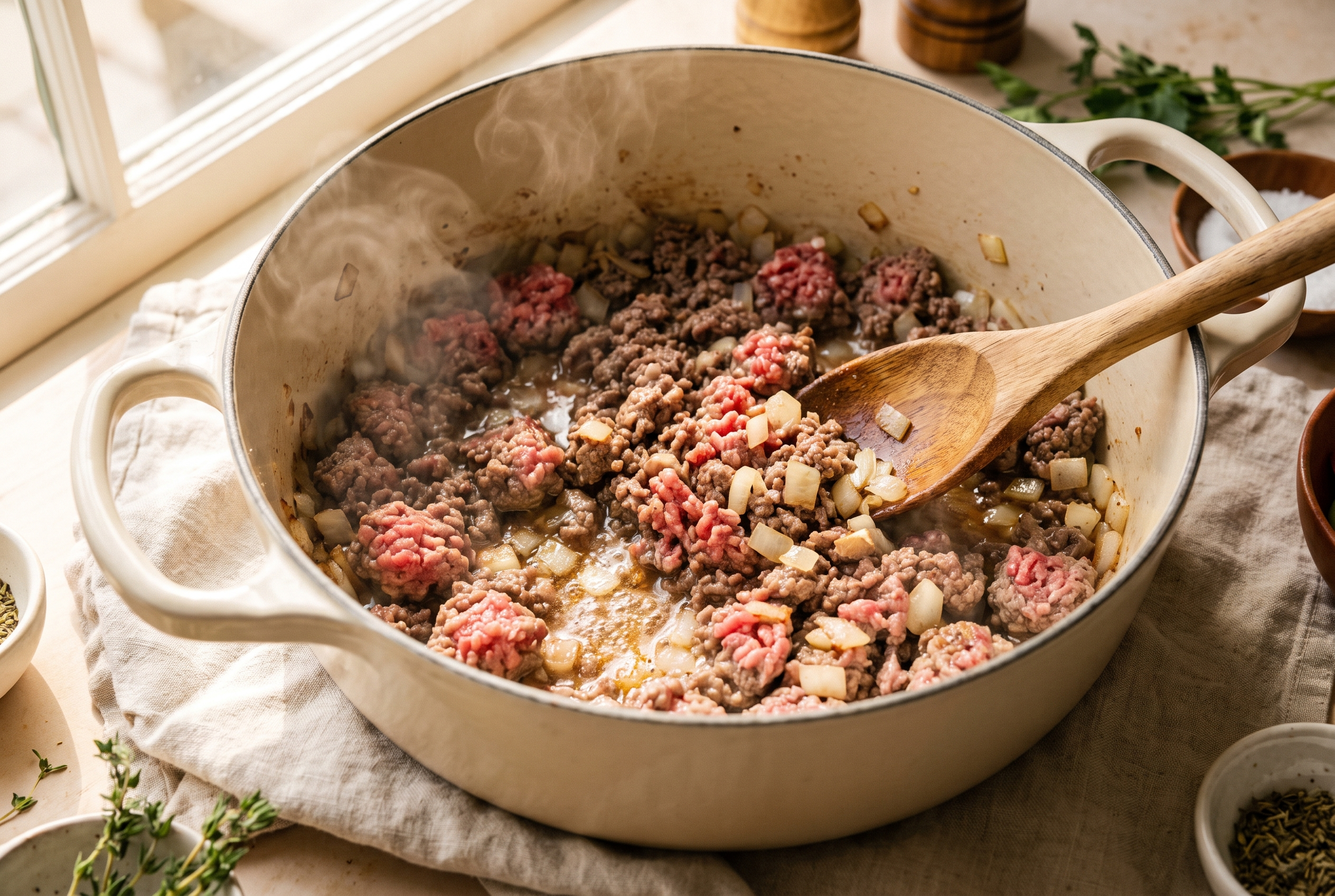 Ground beef browning with diced onion in a Dutch oven for cheeseburger soup