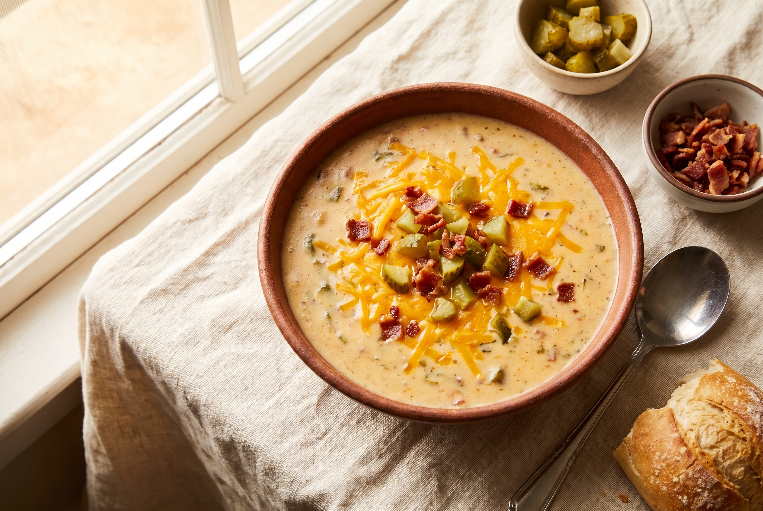 A bowl of cheeseburger soup, thick and creamy with ground beef, diced potatoes and carrots in a cheddar broth, topped with shredded cheddar, chopped pickles and crumbled bacon