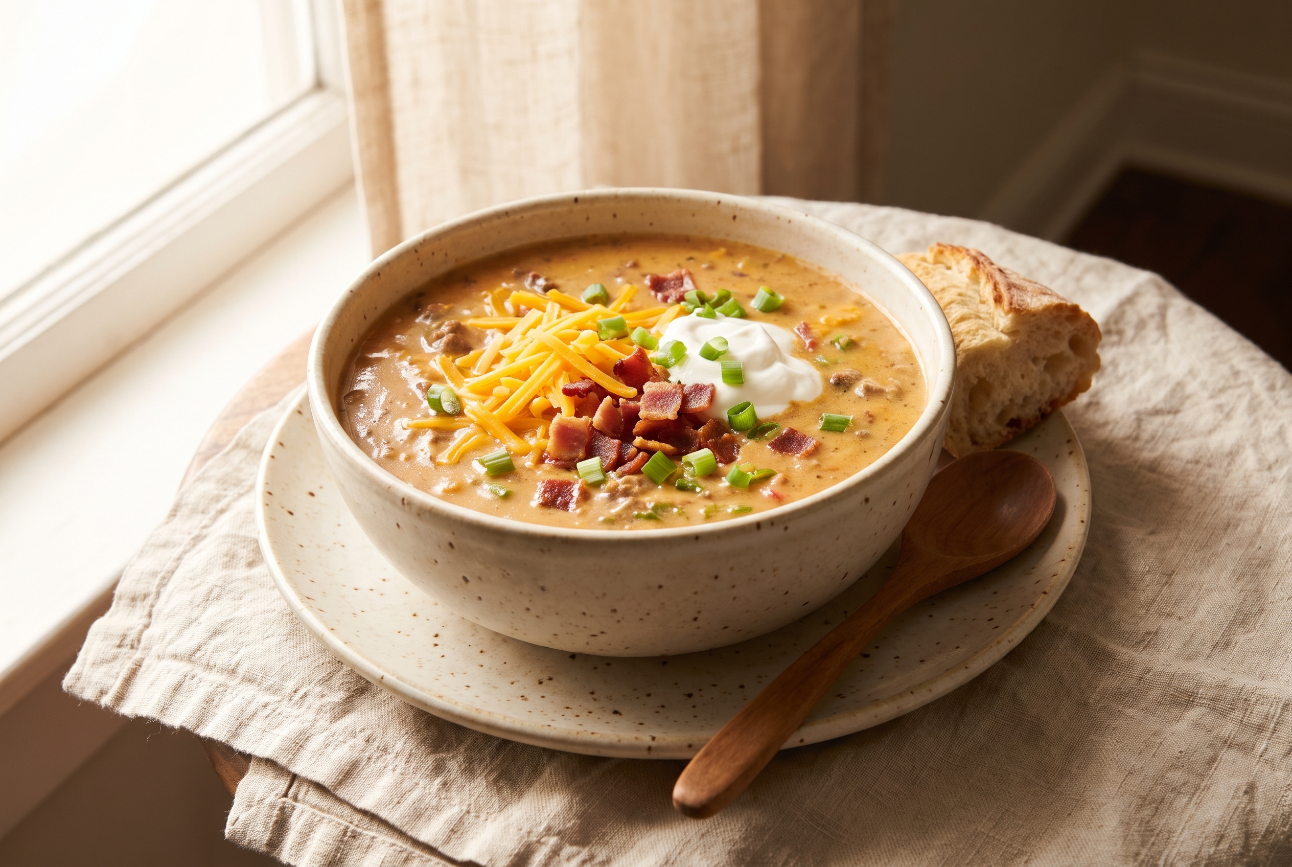 A bowl of bacon cheeseburger soup topped with shredded cheddar, chopped pickles, crumbled bacon and diced tomato, with a spoon and toasted bread on the side, an easy cheeseburger potato soup