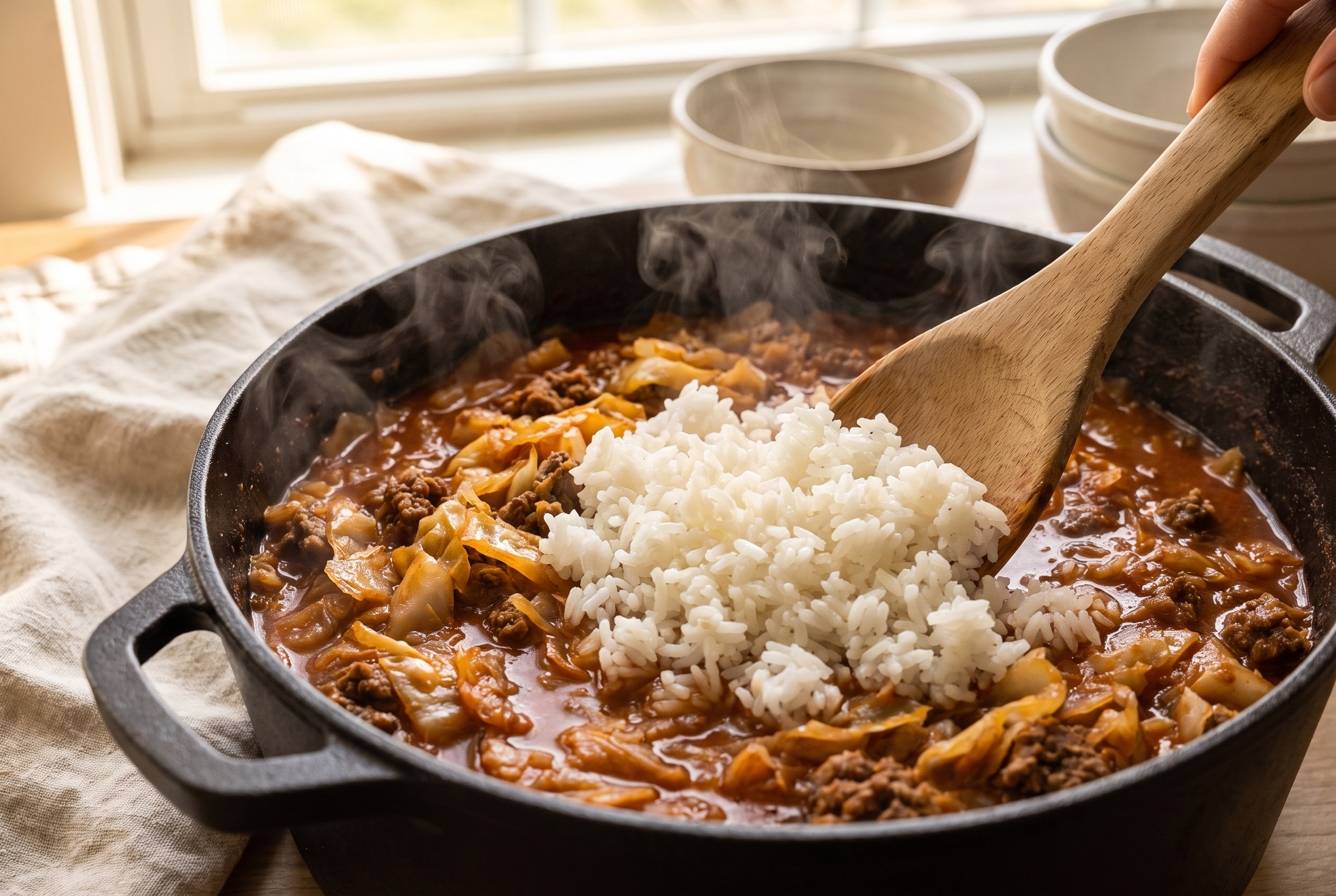 Cooked white rice being stirred into a simmering skillet of cabbage, ground beef and tomato sauce