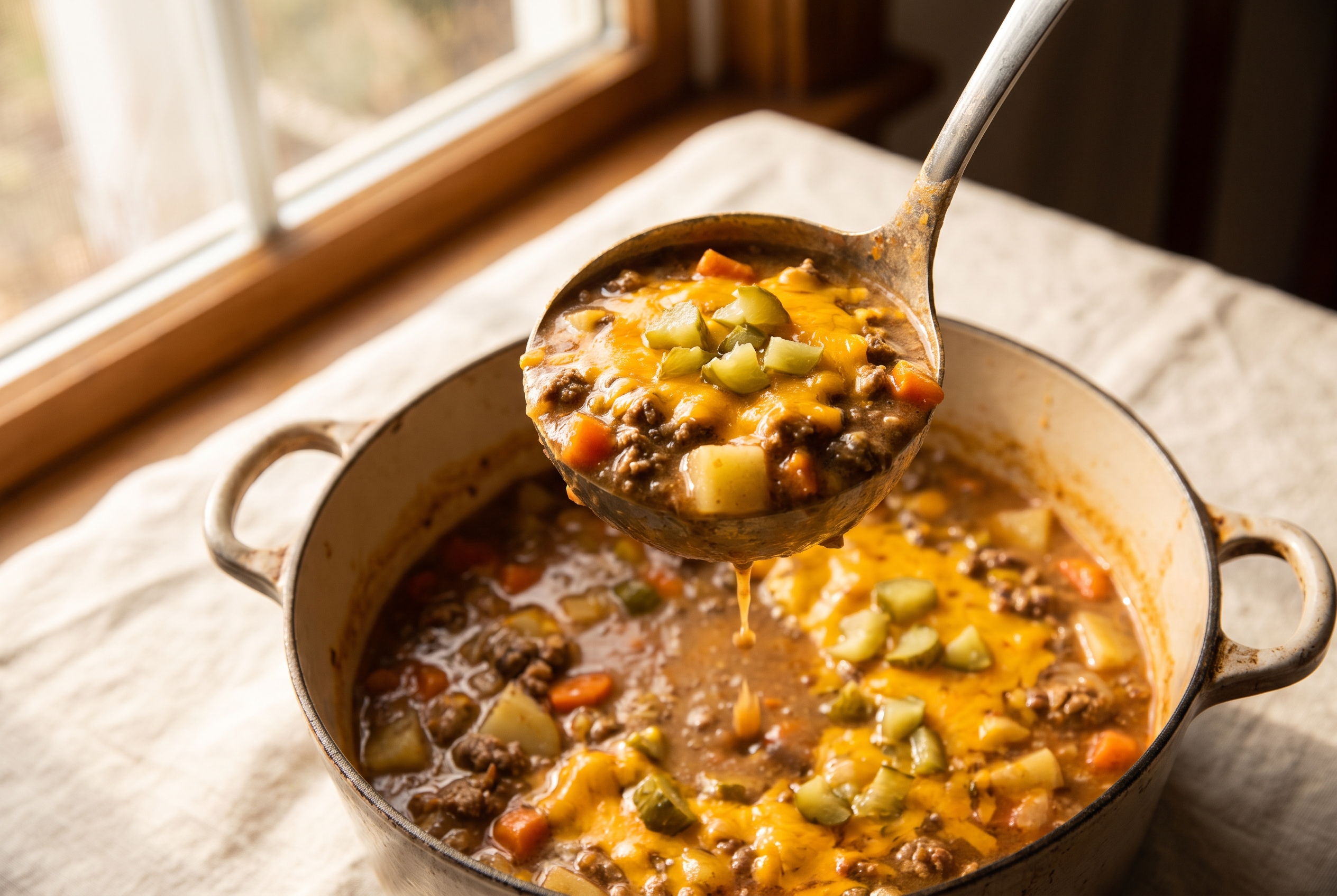 A ladle of creamy cheeseburger soup lifted from the pot, topped with shredded cheddar and chopped pickles