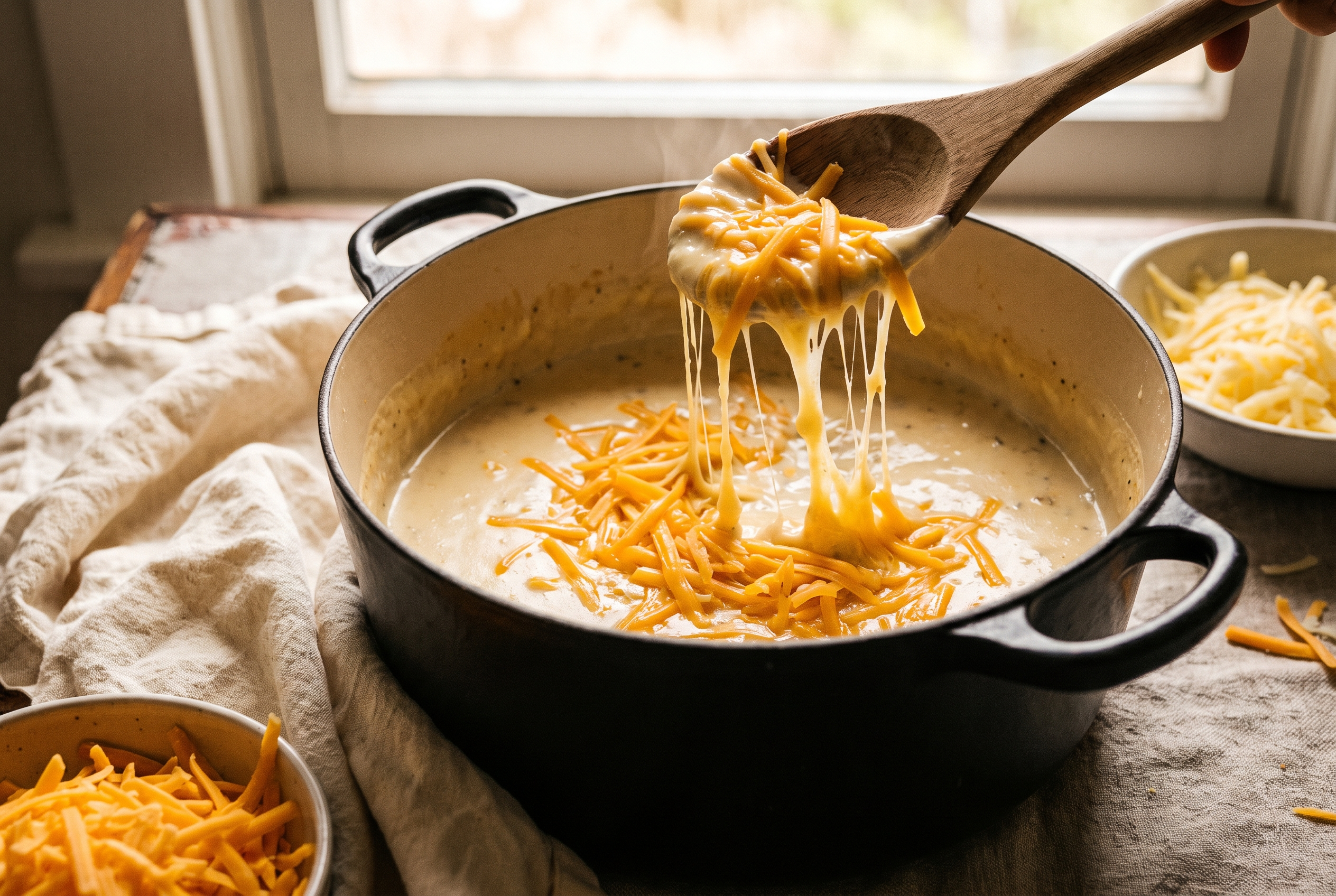 Shredded sharp cheddar being stirred into creamy cheeseburger soup until completely melted