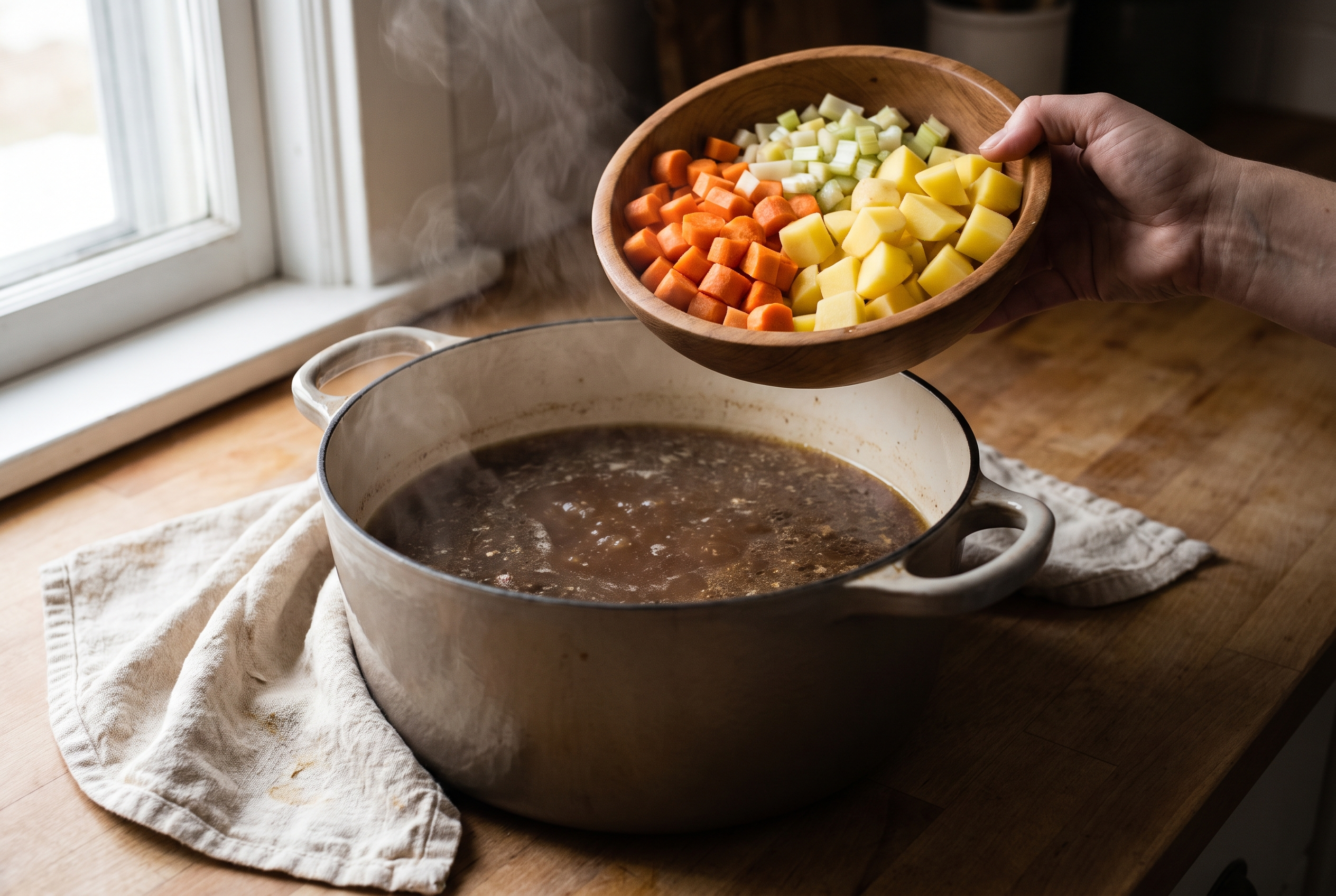 Diced carrots, celery and potatoes being added to a pot of browned beef with beef broth