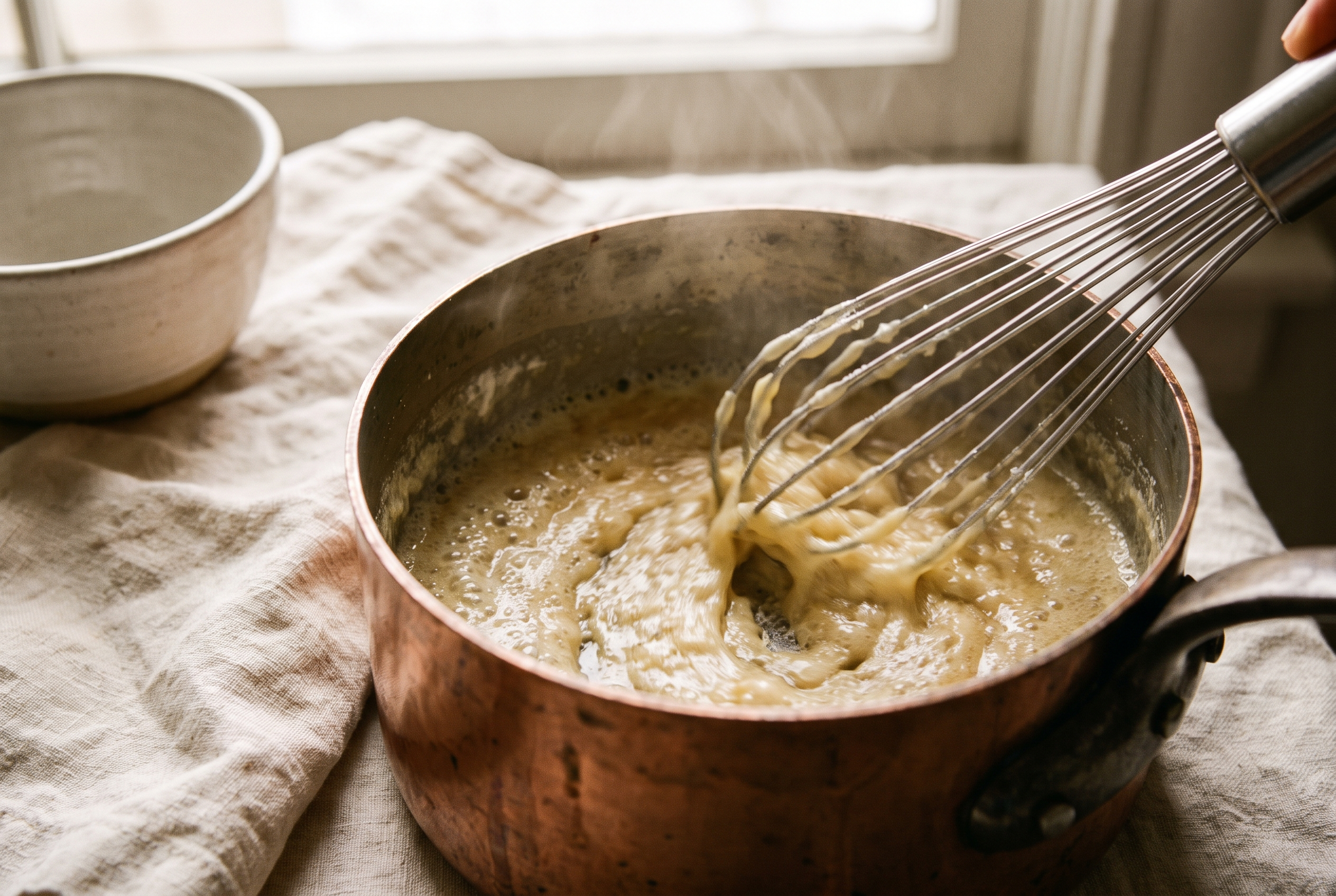 Butter and flour being whisked together into a pale golden roux in a small saucepan