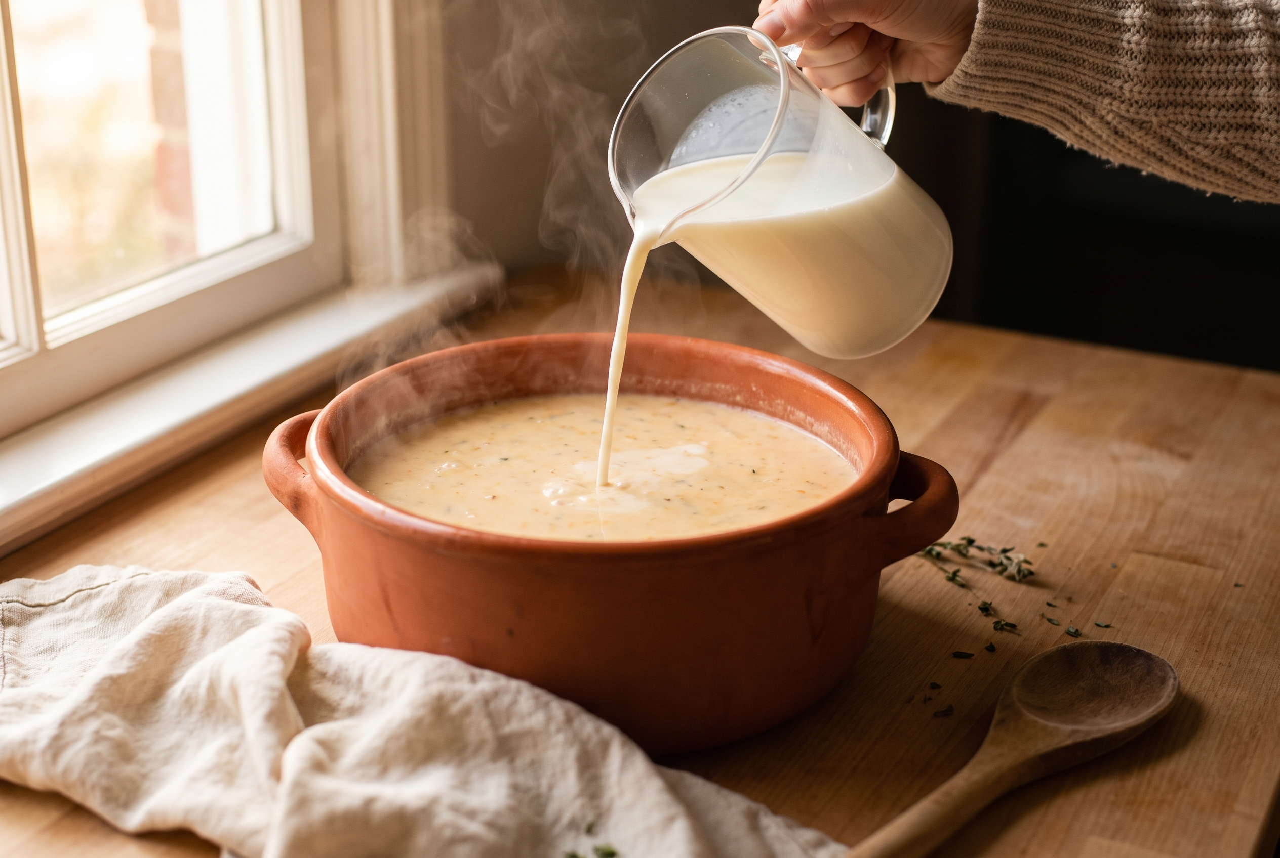 Milk being poured into the pot of cheeseburger soup as it thickens and turns creamy