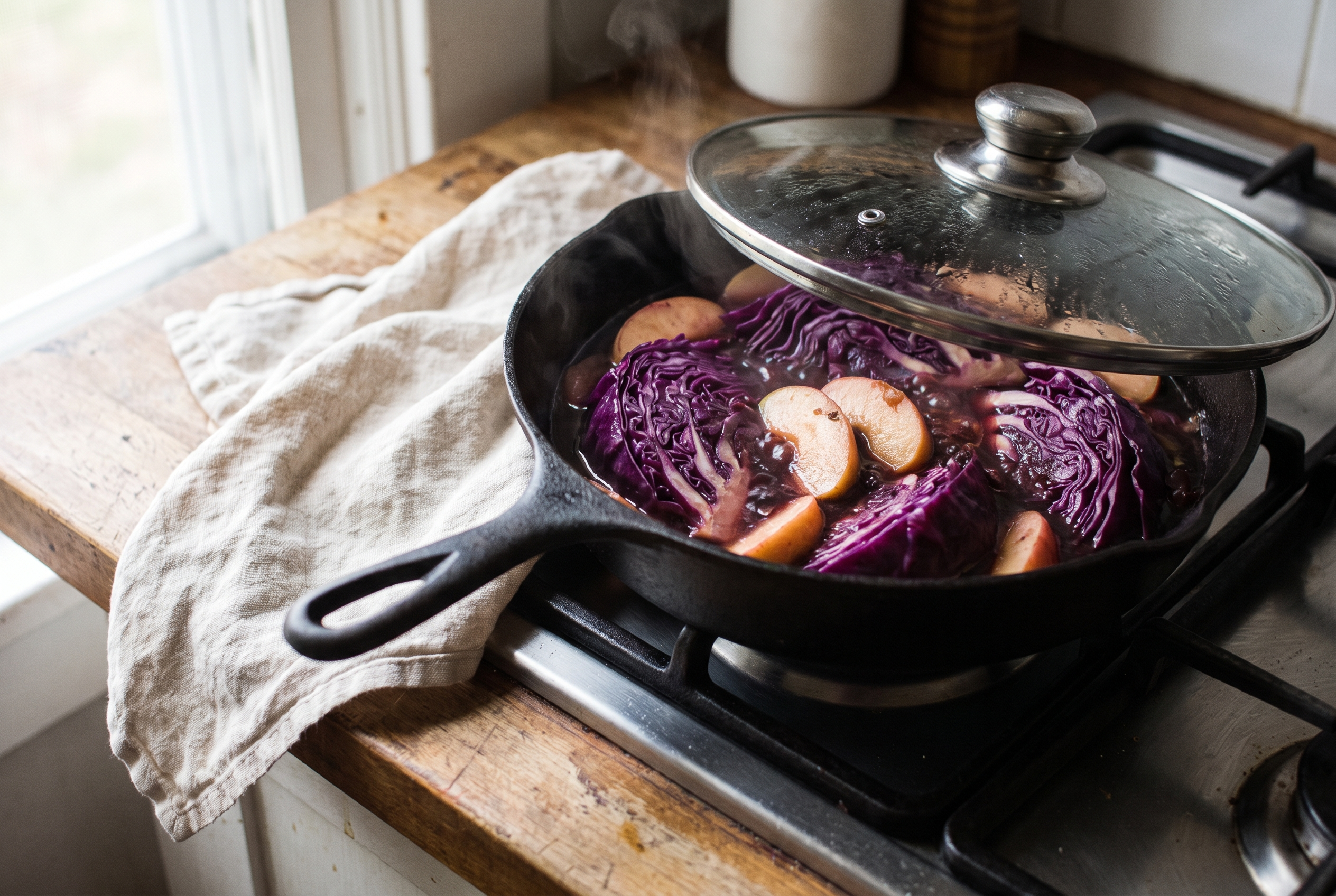 A covered skillet of unstuffed cabbage rolls simmering, the cabbage tender and glossy in a thick tomato sauce