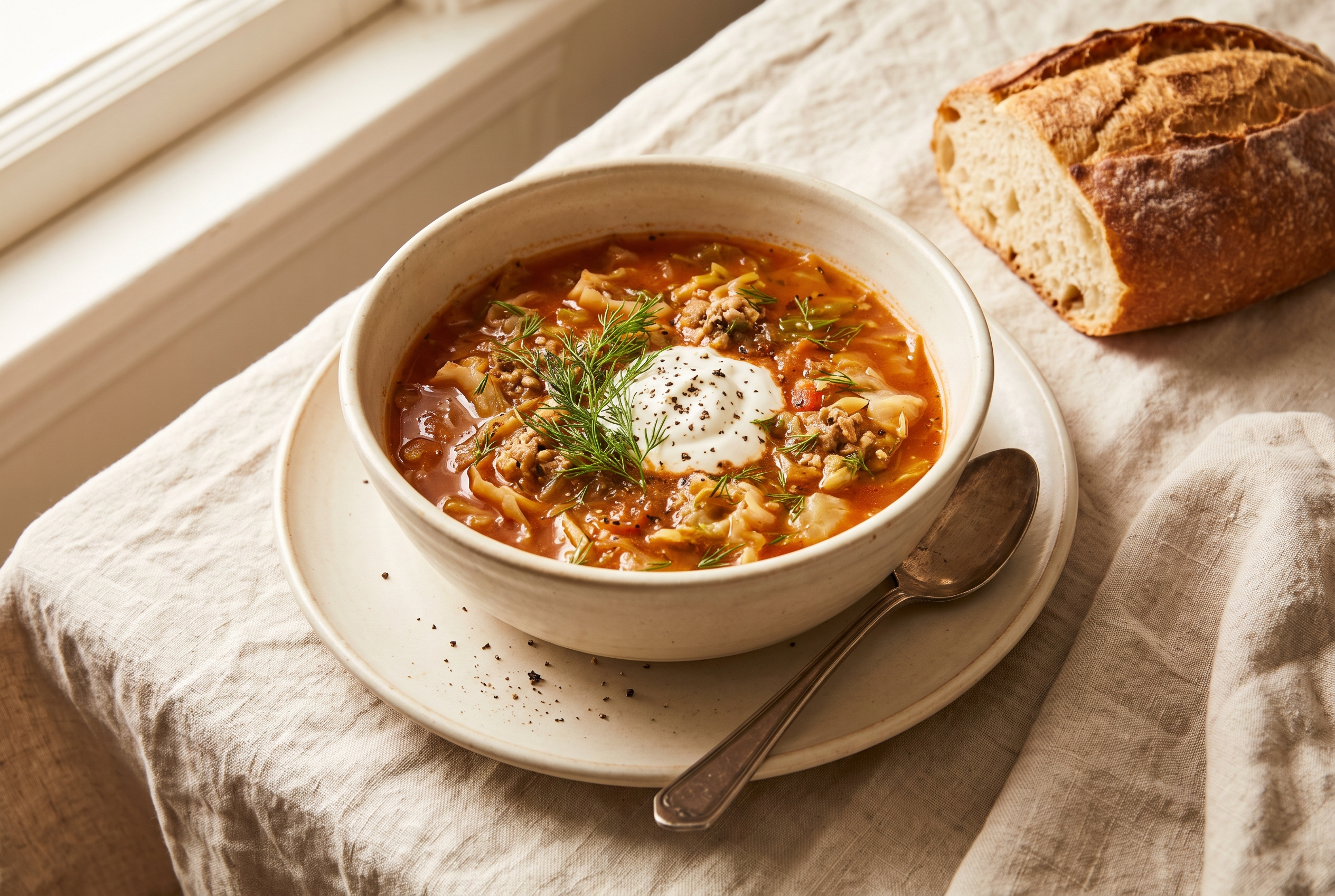 A bowl of cabbage roll soup with ground beef, cabbage, rice and carrots in tomato broth, topped with dill and sour cream, with rye bread on the side, a golumpki soup dinner