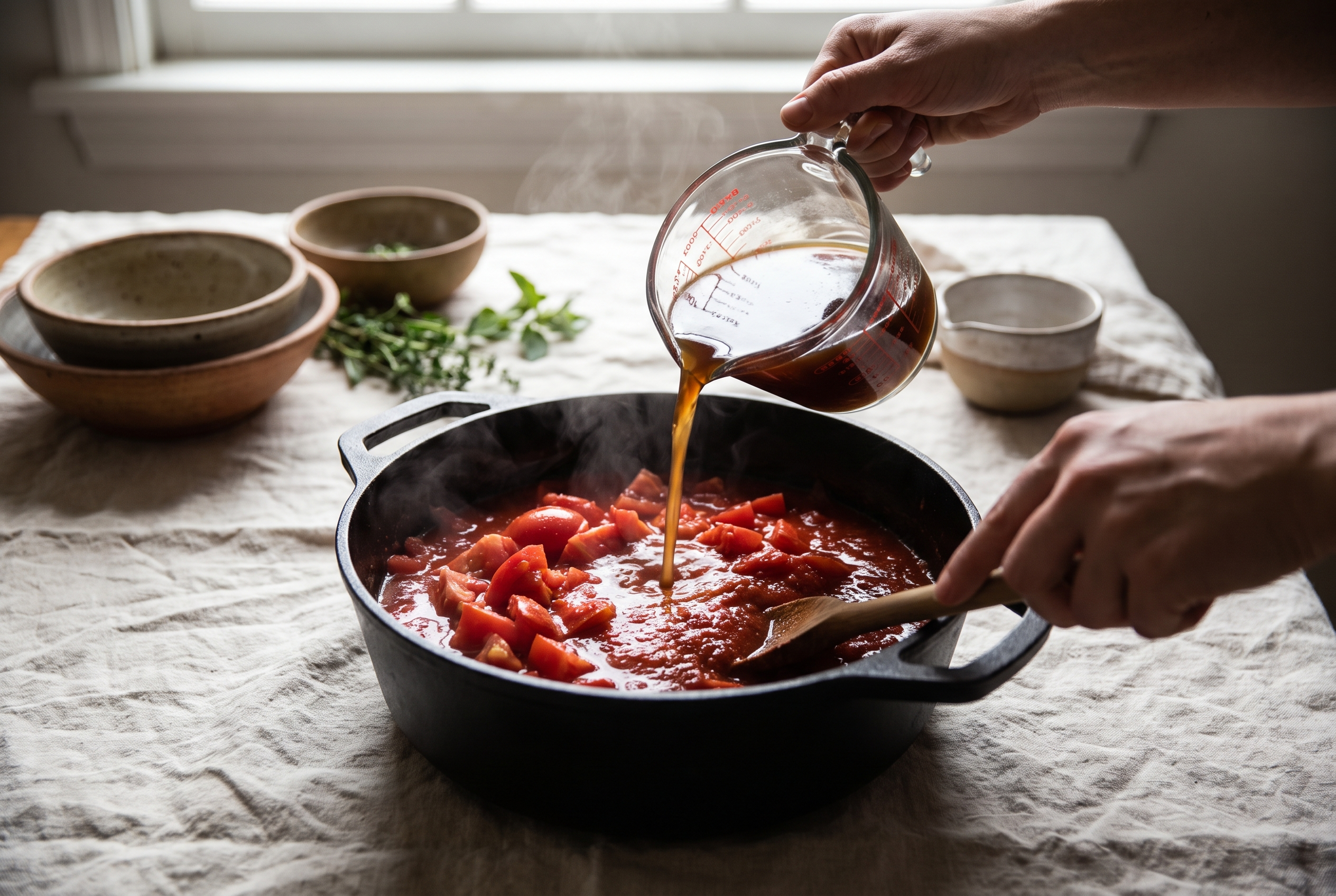 Diced tomatoes, tomato sauce and beef broth being poured into a pot of beef and cabbage
