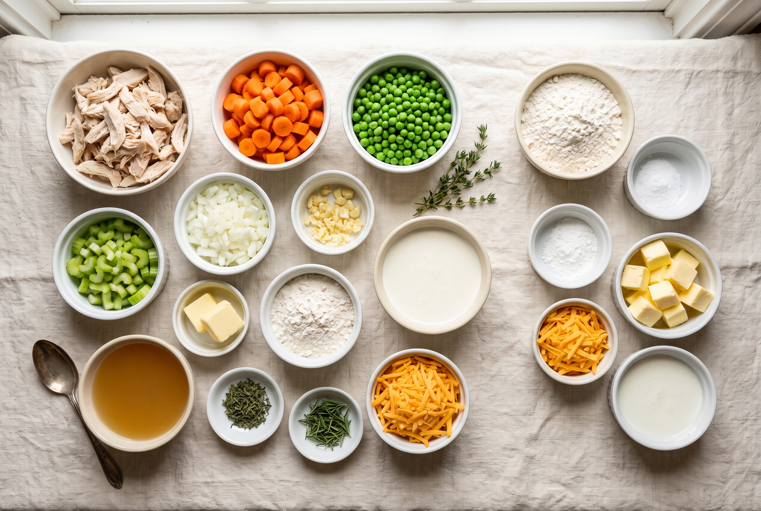 Ingredients for chicken pot pie casserole with biscuits: shredded rotisserie chicken, butter, diced onion, carrot, celery, frozen peas, flour, chicken broth, milk, thyme, sharp cheddar, buttermilk and baking powder for cheddar biscuit chicken pot pie