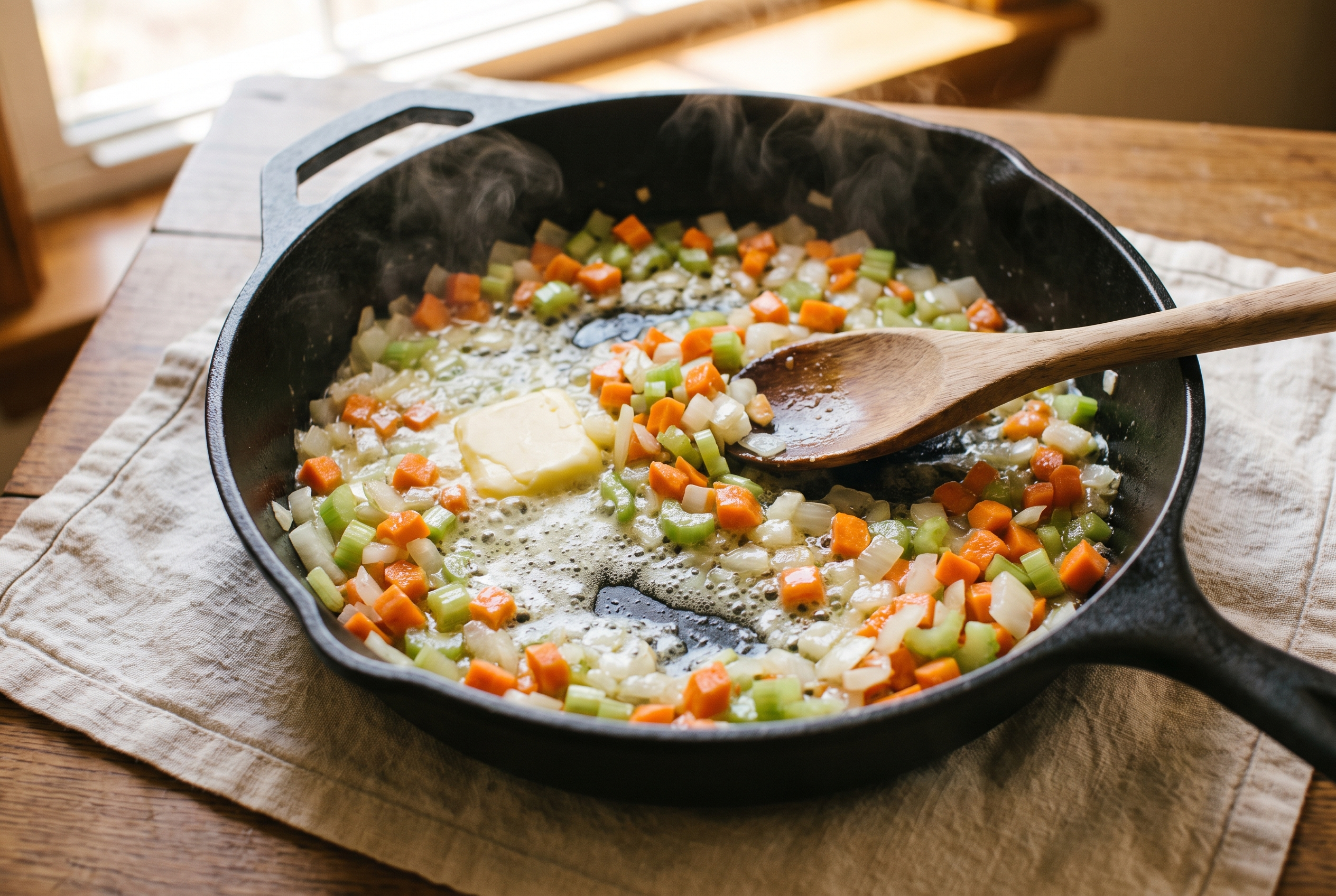 Butter melting with diced onion, carrot and celery in a large skillet