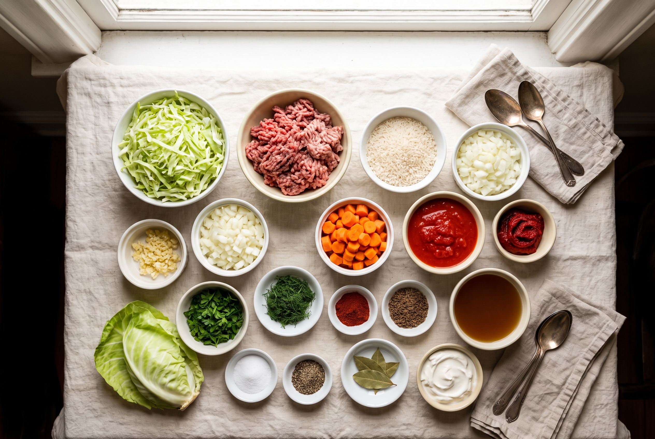 Ingredients for cabbage roll soup: lean ground beef, diced onion, garlic, chopped green cabbage, shredded carrot, diced tomatoes, tomato sauce, beef broth, brown sugar, smoked paprika, bay leaves, cider vinegar, long-grain rice, fresh dill and sour cream for golumpki soup