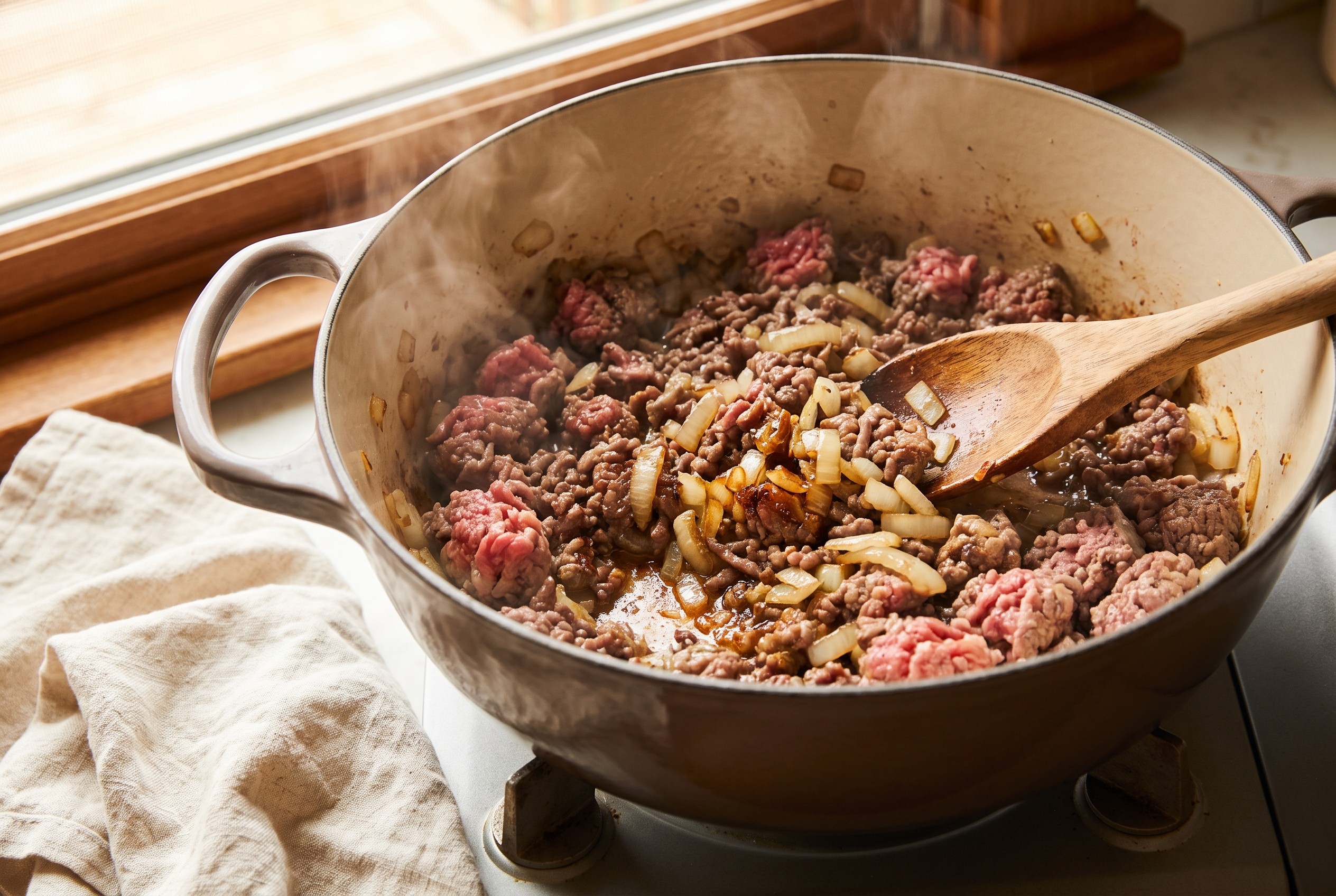 Ground beef and diced onion browning into crumbles in a large soup pot