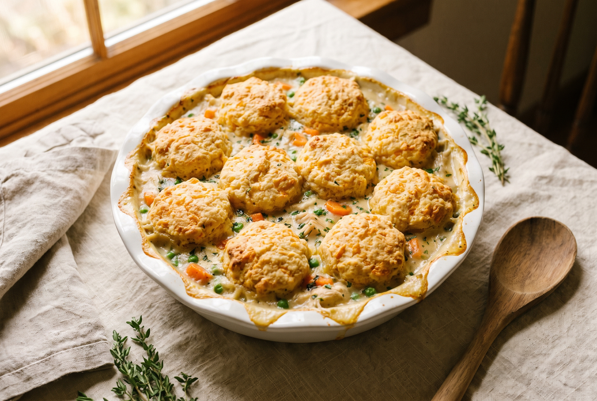 Chicken pot pie casserole with golden cheddar garlic biscuits on top and a creamy chicken and vegetable filling bubbling at the edges of a white baking dish