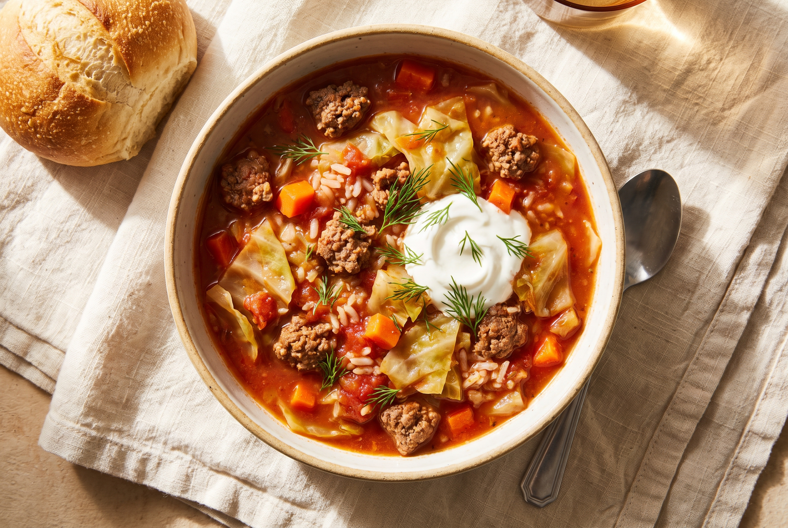 A bowl of stuffed cabbage soup: tomato broth with ground beef, tender cabbage, rice and carrots, topped with fresh dill and a swirl of sour cream