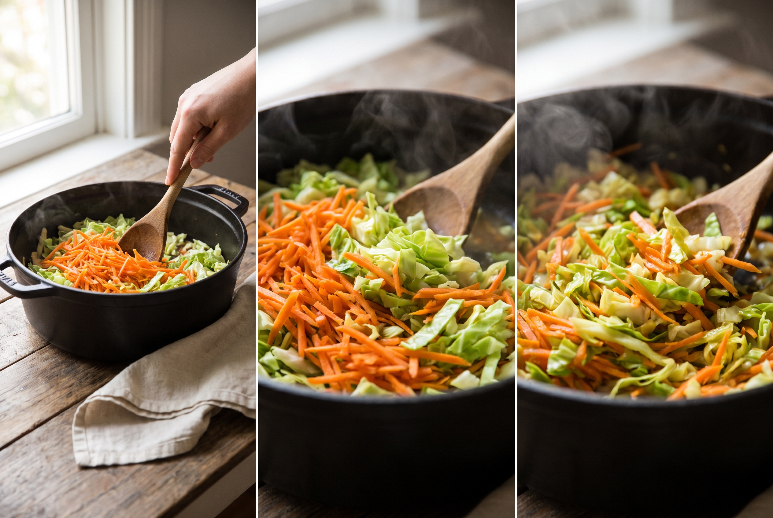 Chopped green cabbage and shredded carrot being stirred into browned ground beef in a soup pot
