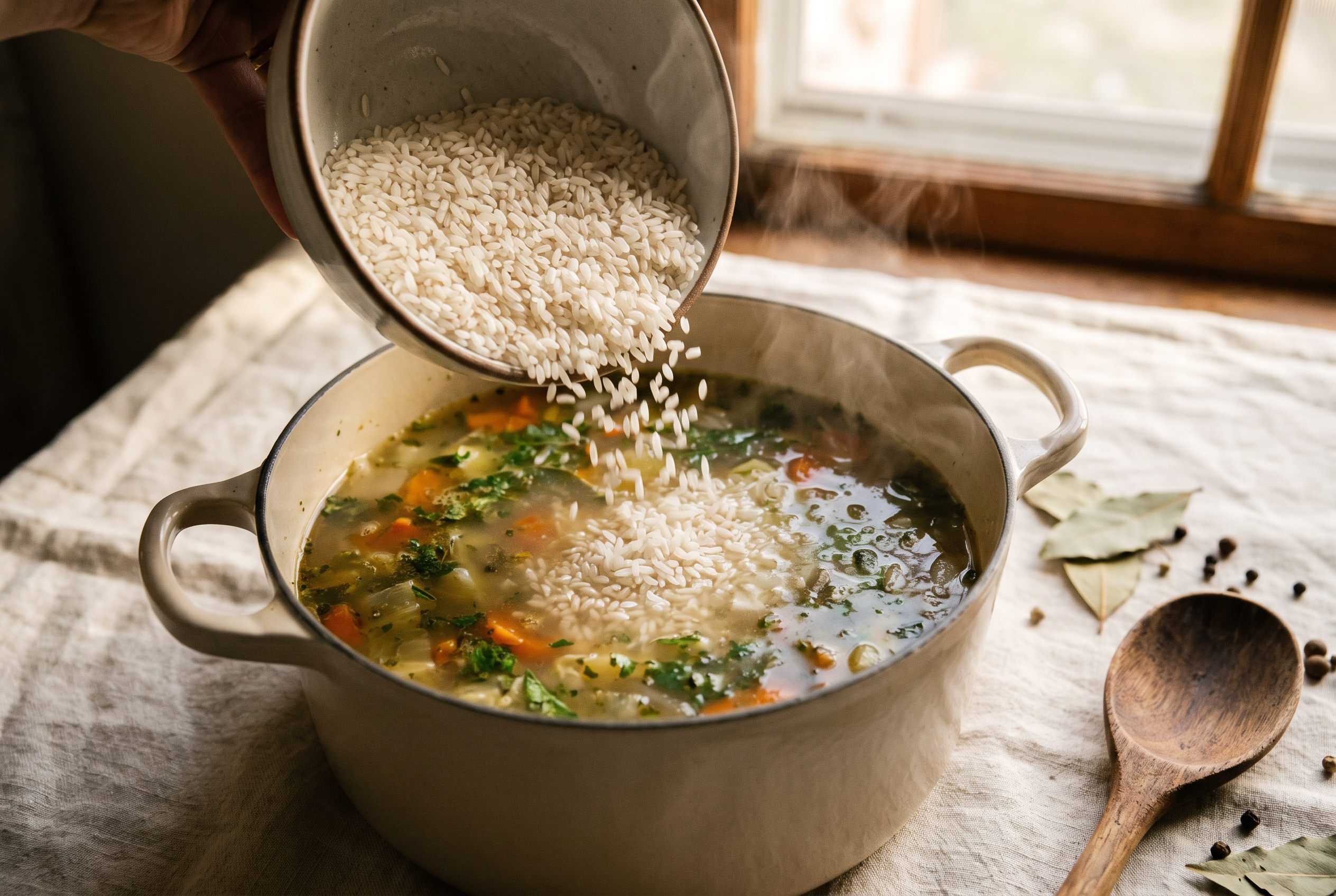 Uncooked long-grain rice being poured into a simmering pot of stuffed cabbage soup