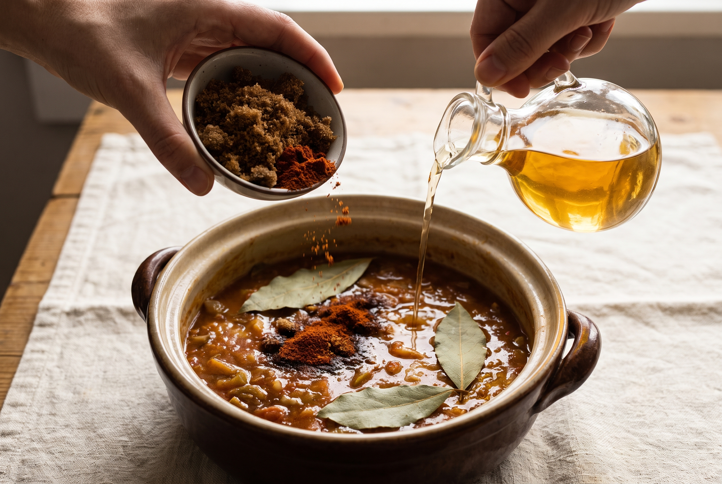Brown sugar, smoked paprika, bay leaves and a splash of cider vinegar being added to a tomato cabbage soup