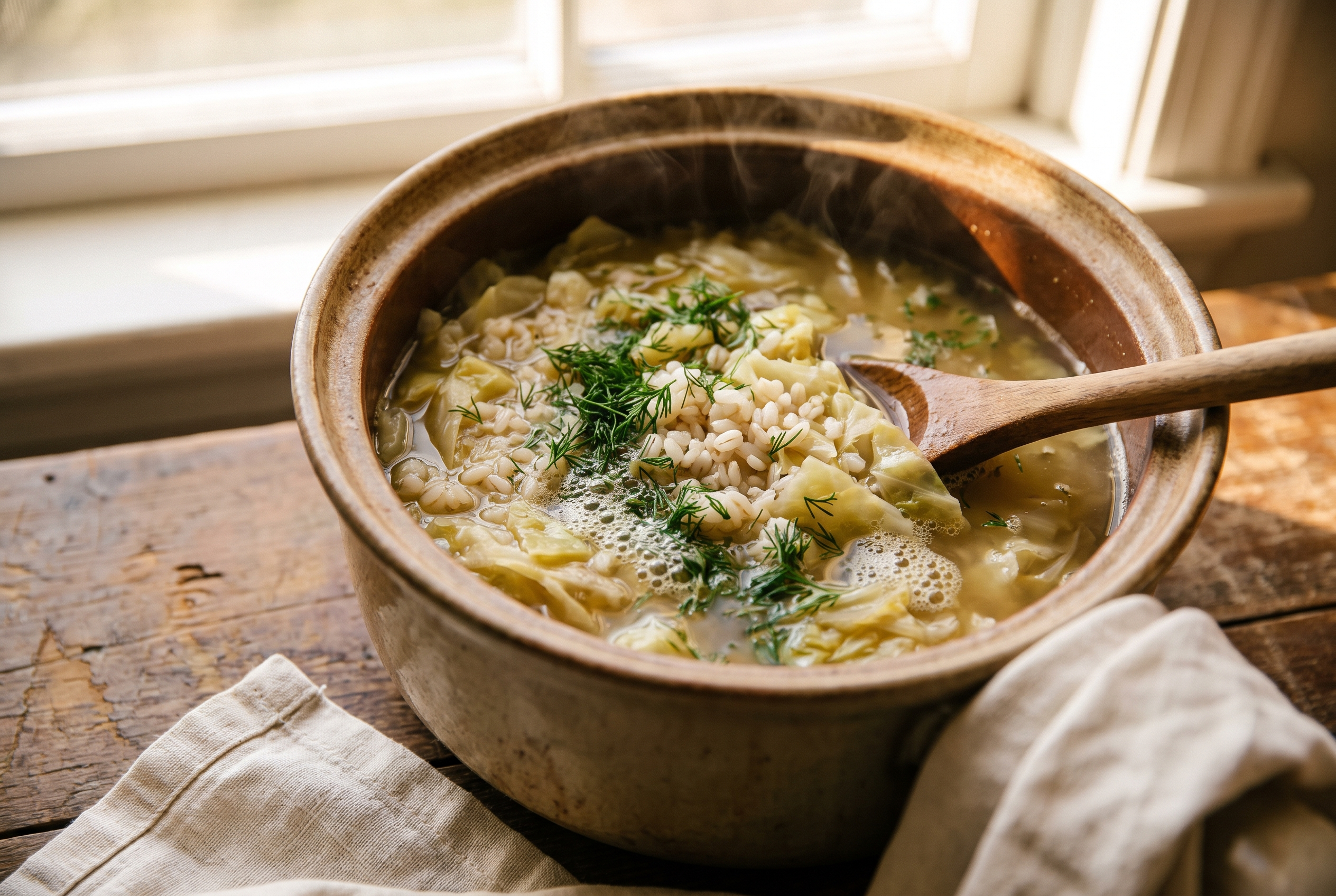 A pot of stuffed cabbage soup simmering with tender cabbage and plump rice, fresh dill sprinkled on top