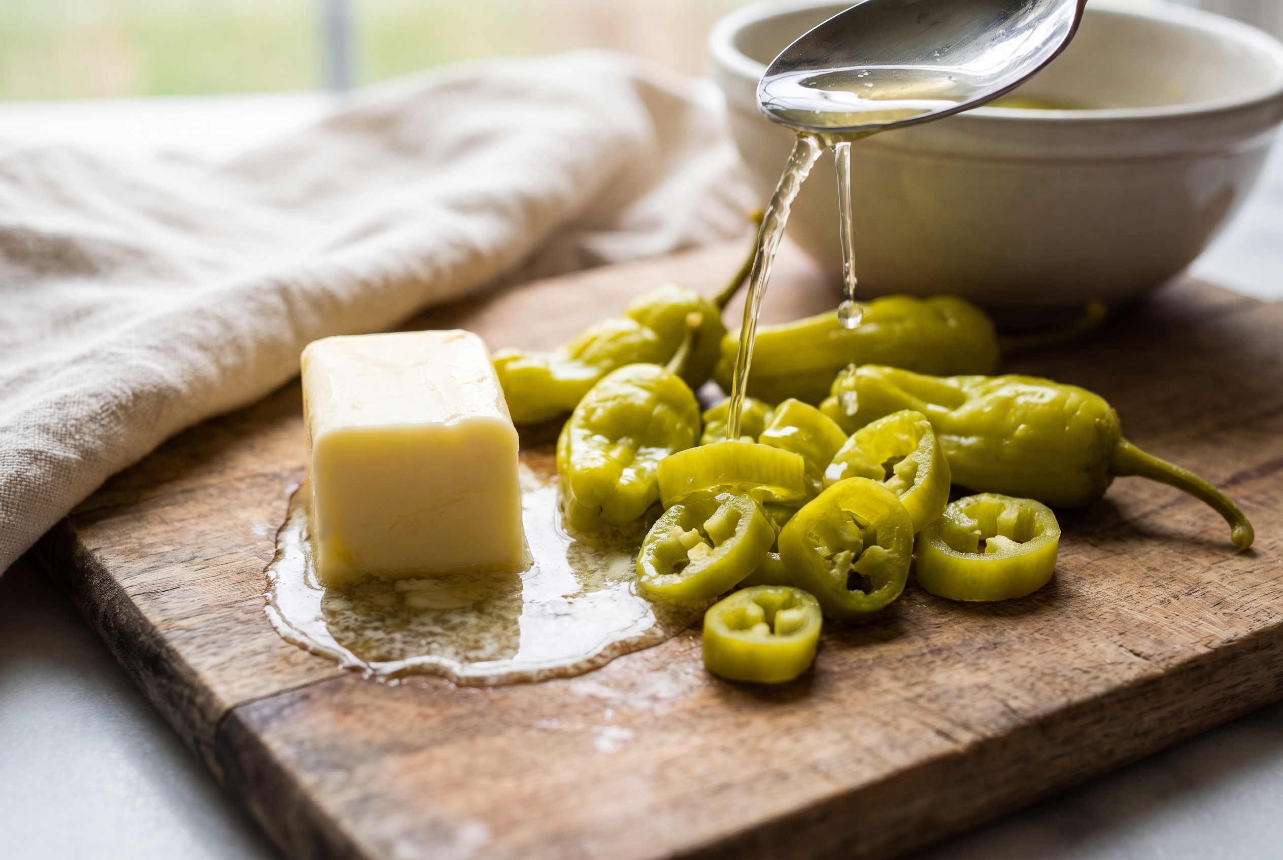 A stick of butter and pepperoncini peppers with a splash of brine added on top of seasoned chicken in a slow cooker