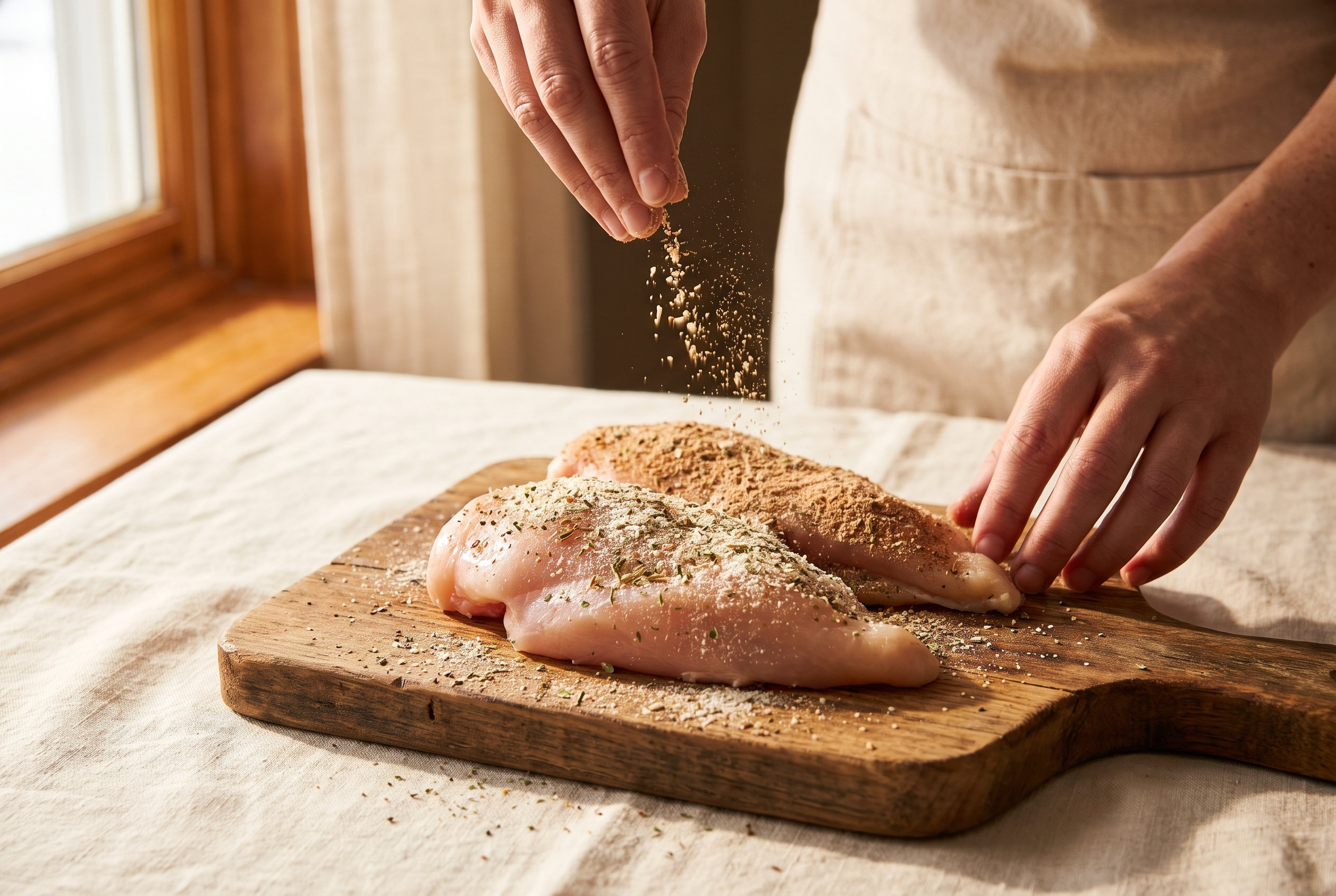 Dry ranch seasoning and au jus gravy mix being sprinkled over chicken in a slow cooker