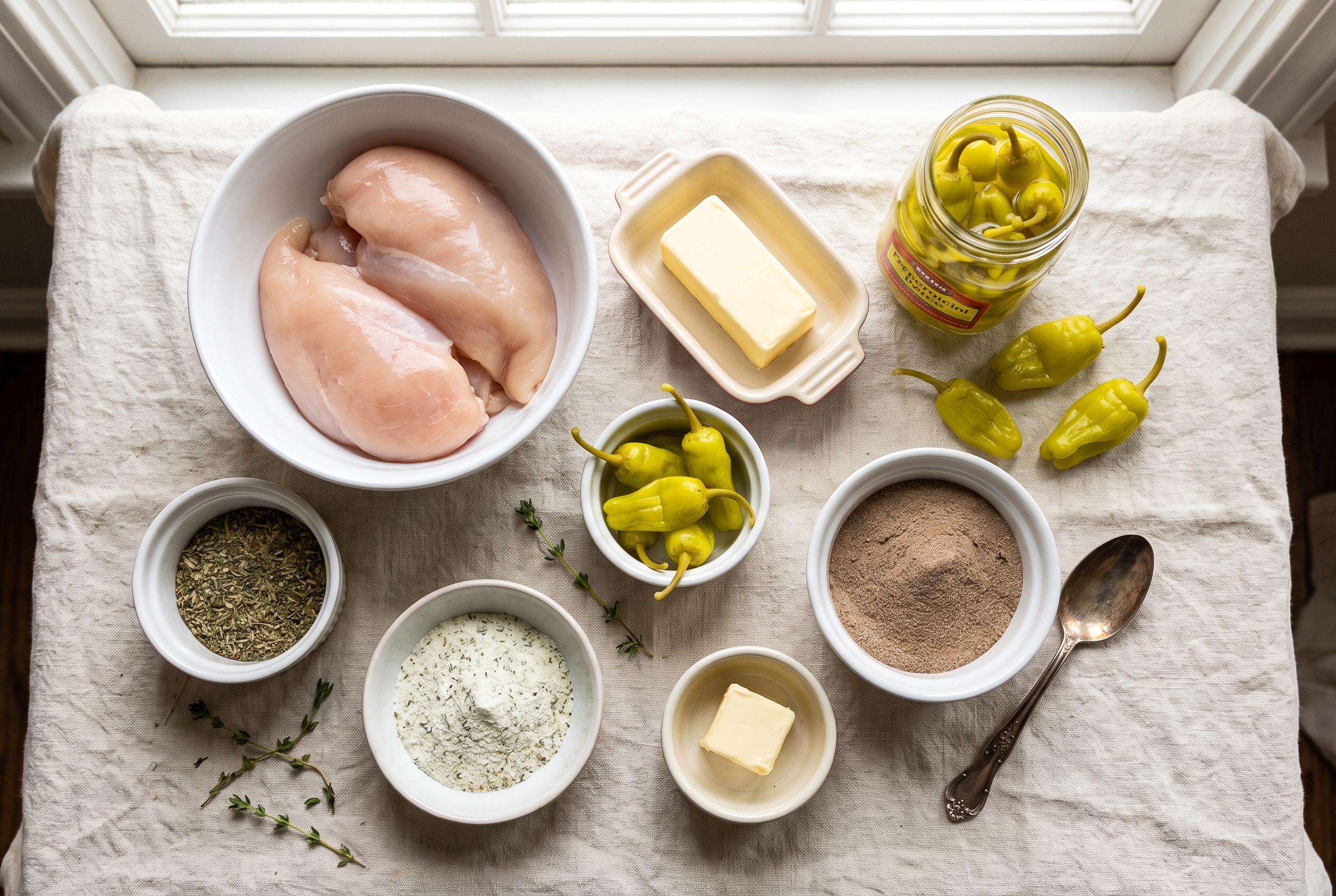 Ingredients for crockpot Mississippi chicken: boneless chicken breasts and thighs, a ranch seasoning packet, au jus gravy mix, a stick of butter, a jar of pepperoncini peppers, brioche buns and sliced provolone for Mississippi chicken sandwiches