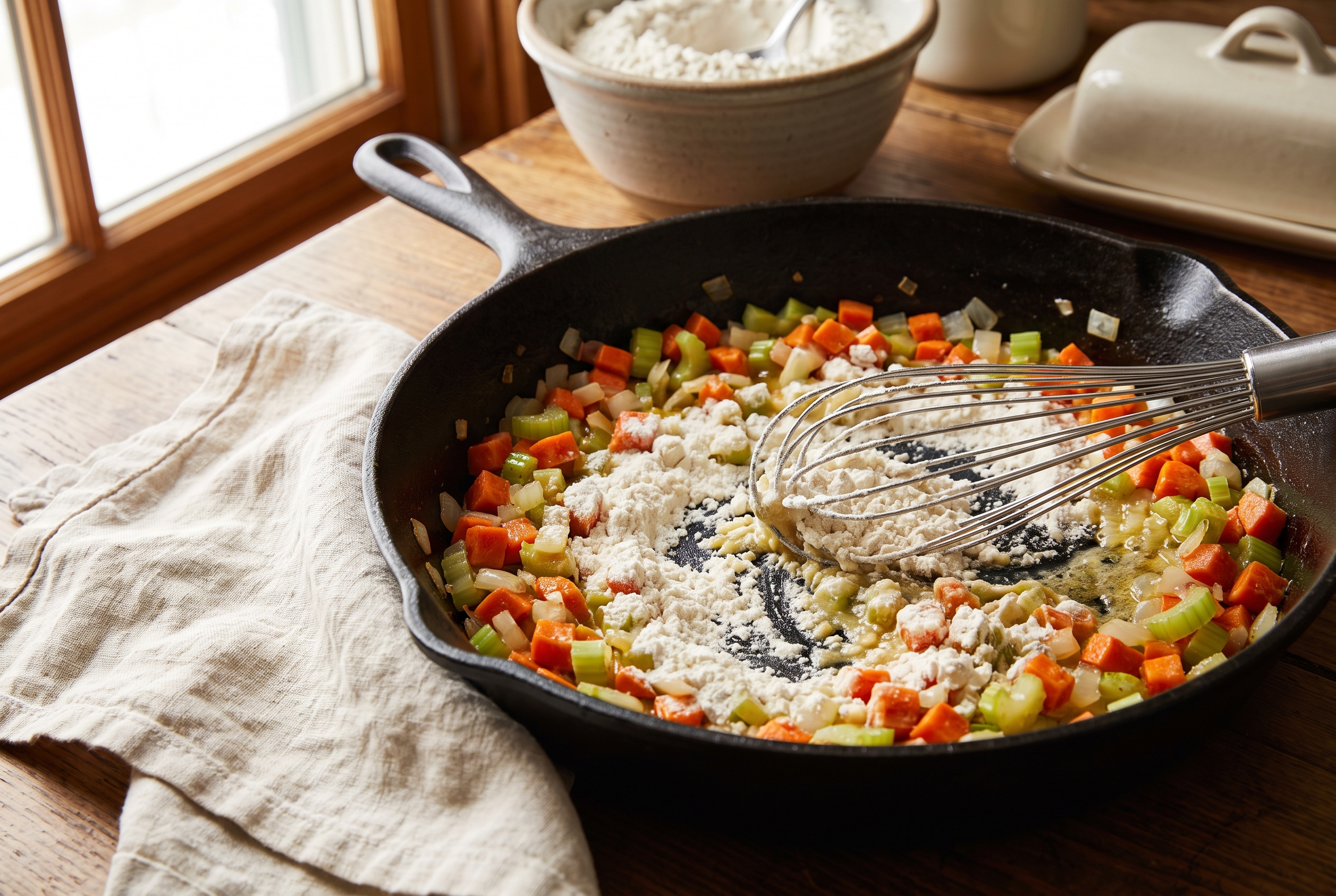 Flour being stirred into buttery vegetables in a skillet to make a thick roux