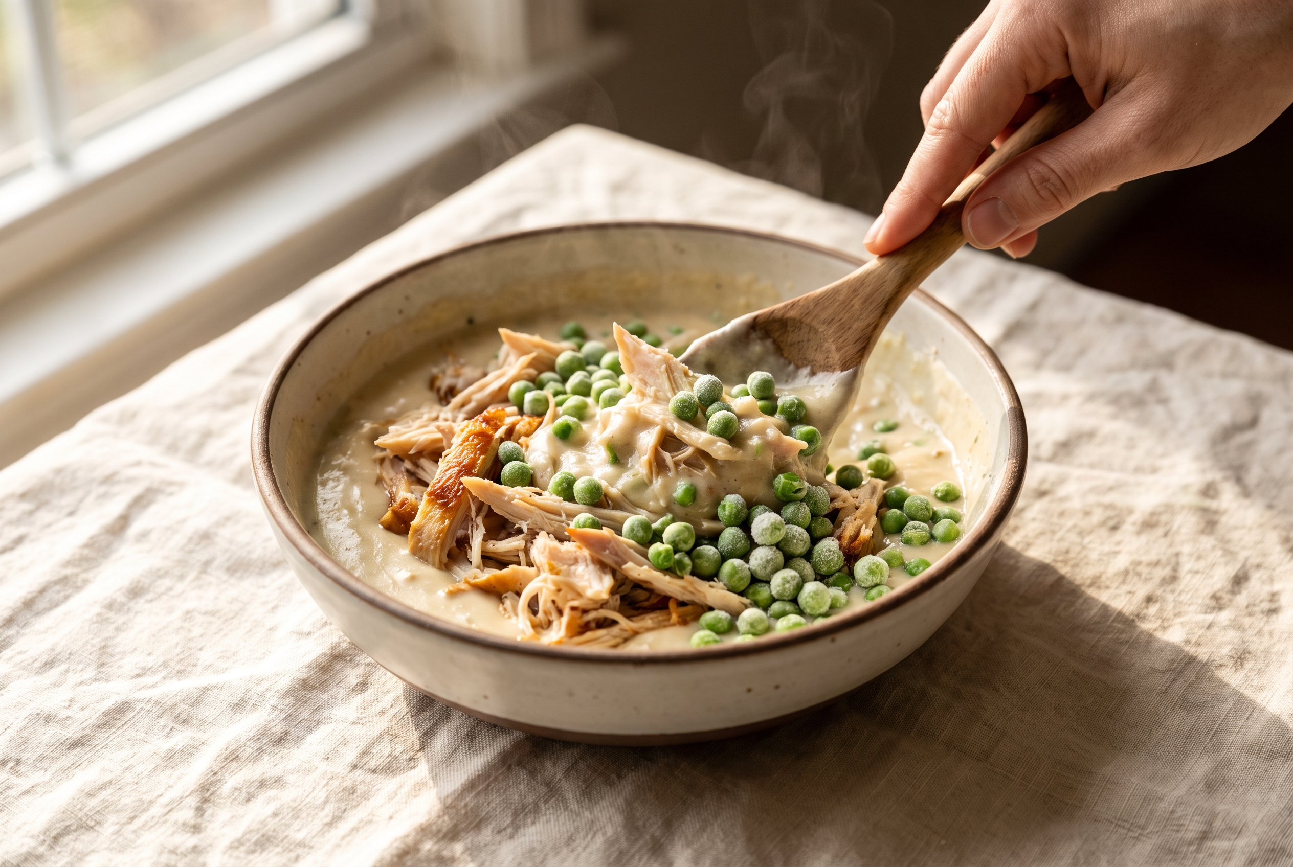 Shredded rotisserie chicken and frozen peas being folded into a creamy pot pie filling