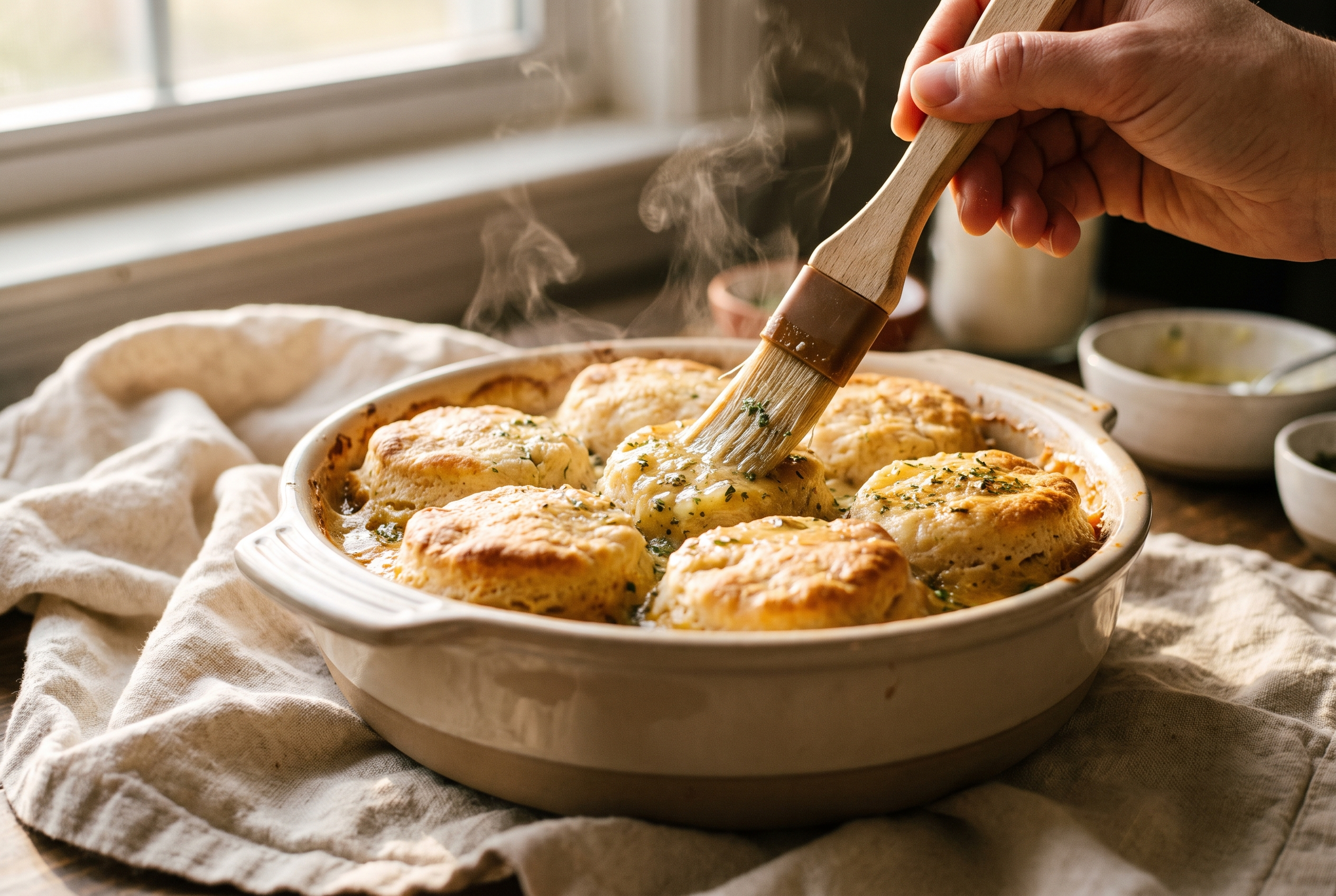 A chicken pot pie casserole out of the oven with golden cheddar biscuits being brushed with garlic butter