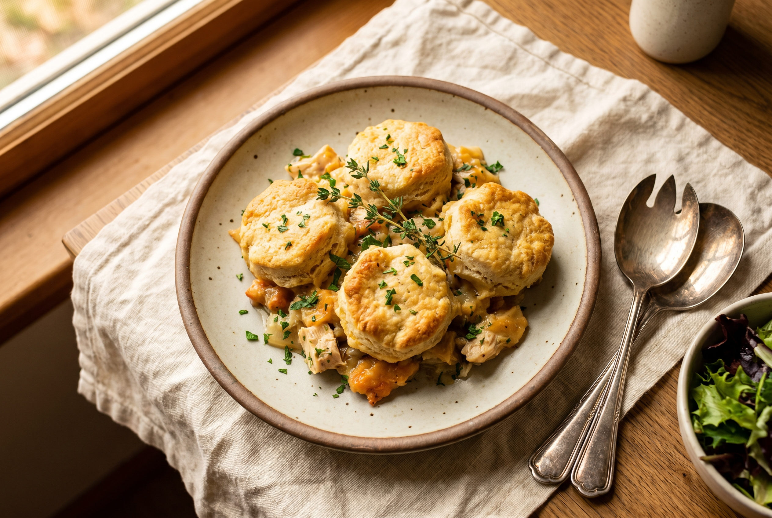 A serving of chicken pot pie casserole with a cheddar biscuit on a plate, the creamy chicken, carrot and pea filling spilling out, a biscuit chicken pot pie comfort food dinner