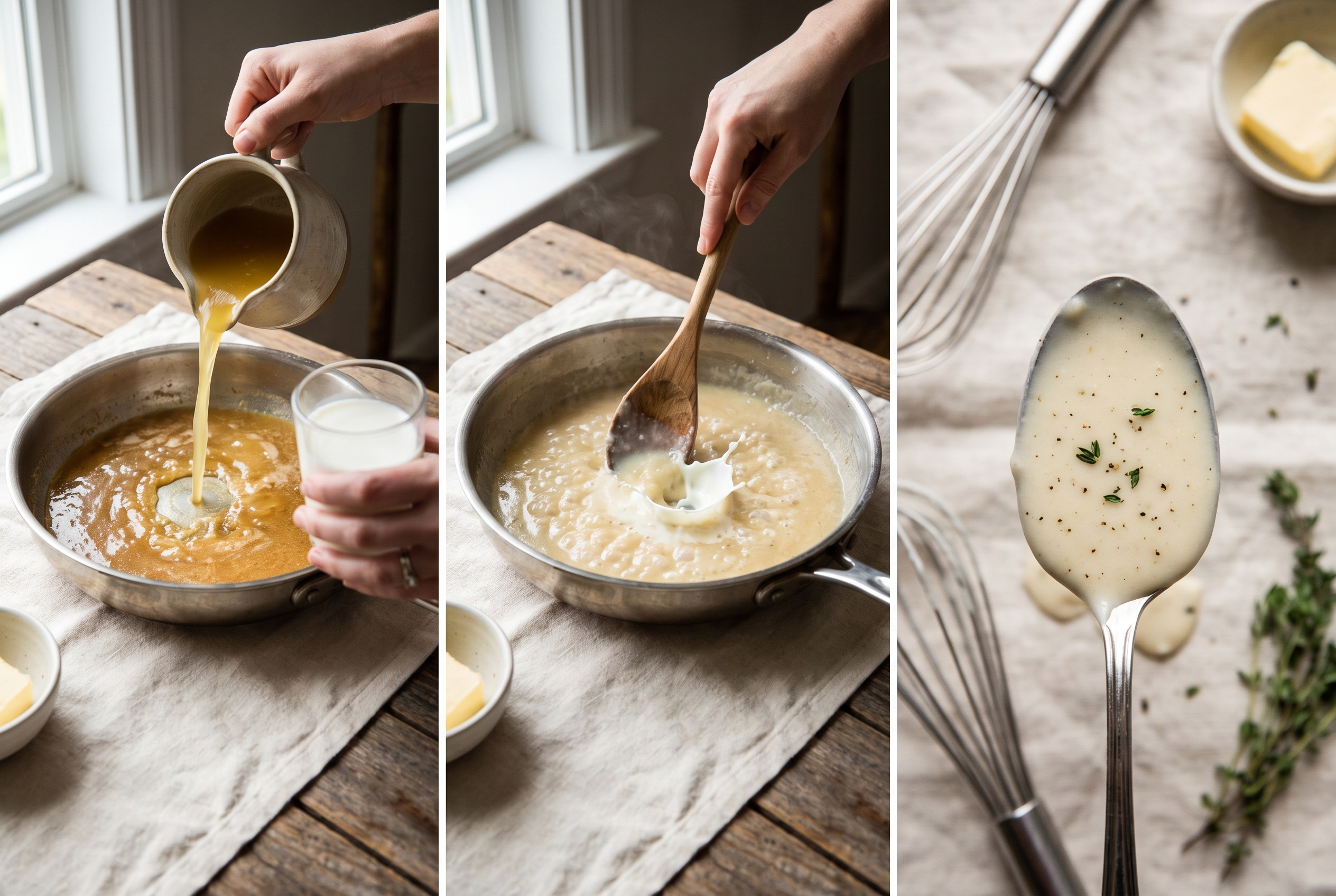 Chicken broth and milk being poured into the roux as the pot pie sauce turns thick and creamy