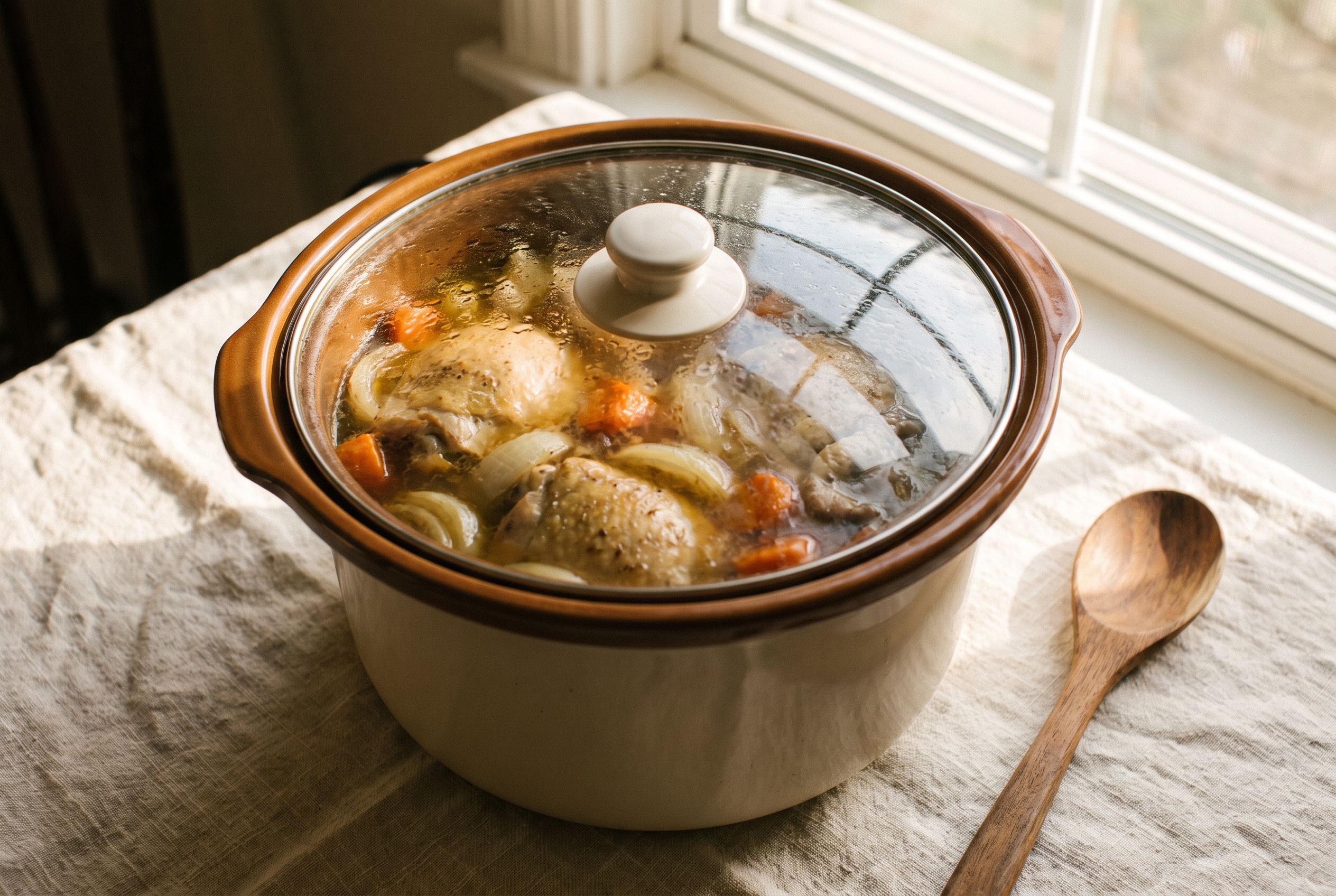 A slow cooker with the lid on, chicken cooking in buttery ranch and pepperoncini juices