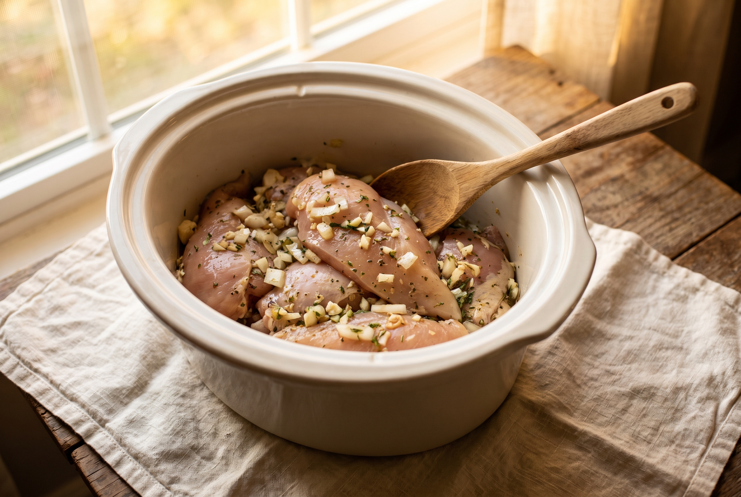 Boneless chicken breasts and thighs laid in a single layer in the bottom of a slow cooker