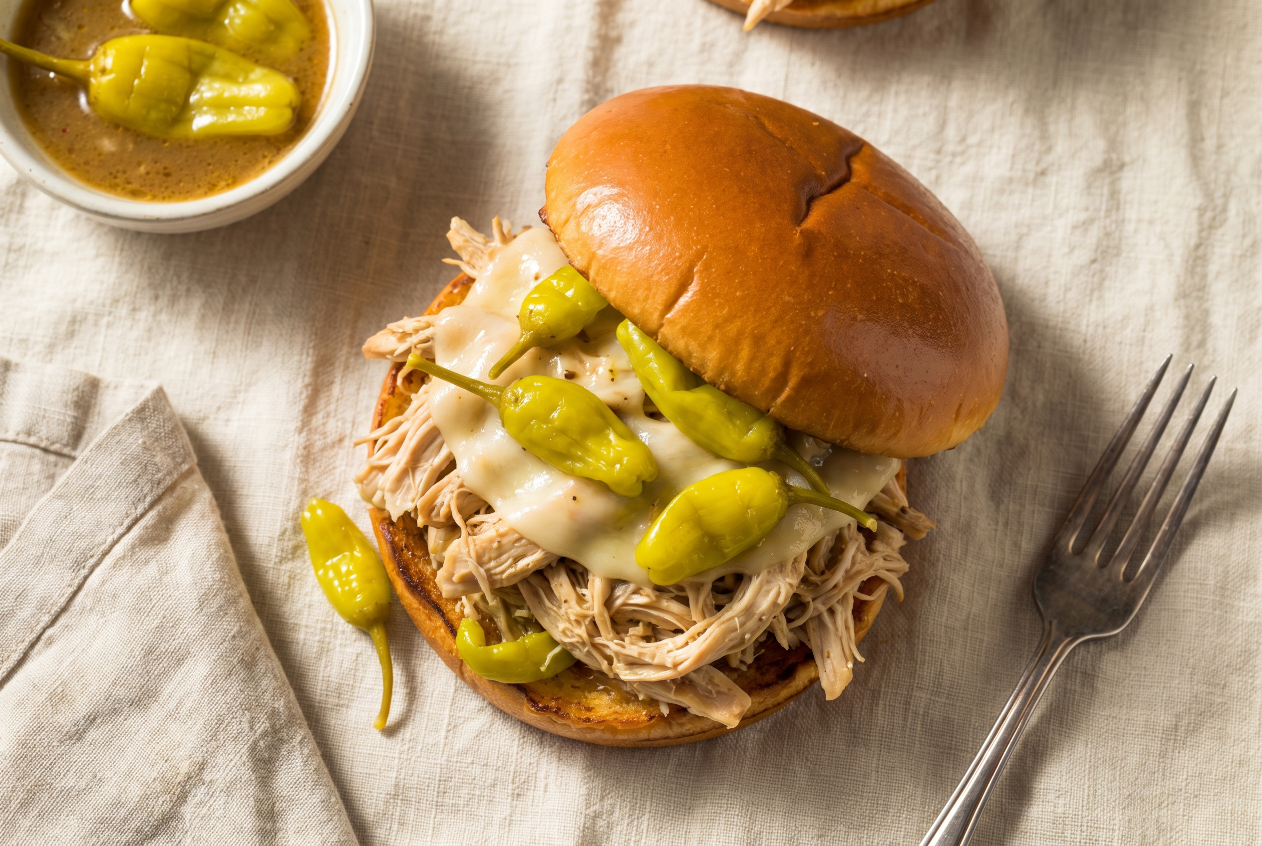 Slow cooker Mississippi chicken, shredded chicken in a buttery ranch au jus with pepperoncini peppers, piled on a toasted brioche bun with melted provolone