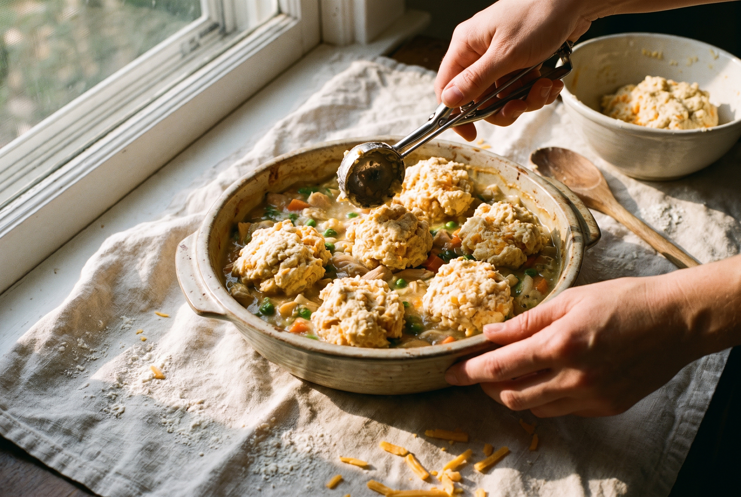 Mounds of cheddar biscuit dough being dropped over creamy chicken pot pie filling in a baking dish