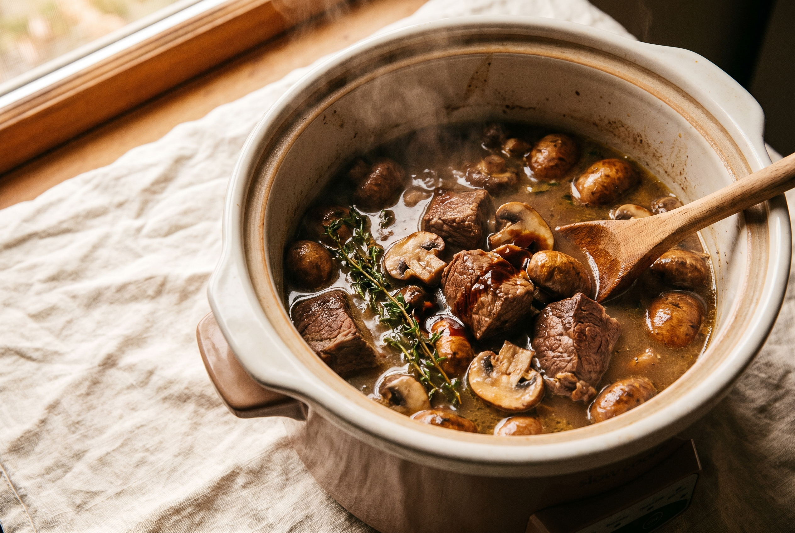 Seared beef tips, sautéed mushrooms and onions, beef broth, Worcestershire sauce and thyme sprigs in a slow cooker insert