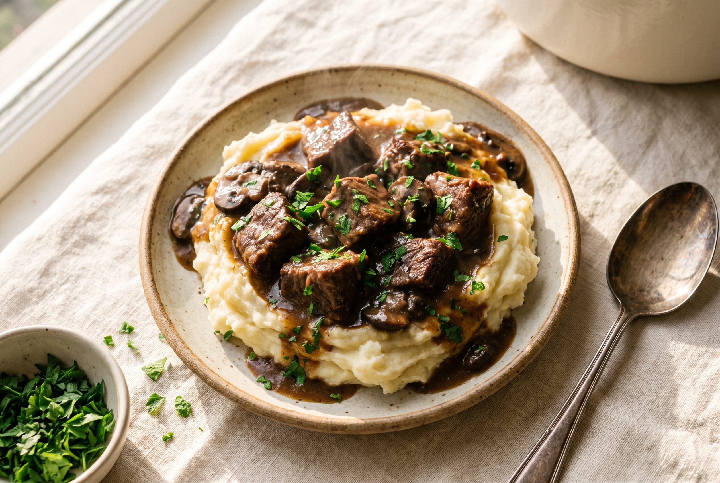 Crockpot beef tips and gravy: tender beef chunks in a rich dark mushroom gravy spooned over creamy mashed potatoes and sprinkled with chopped parsley