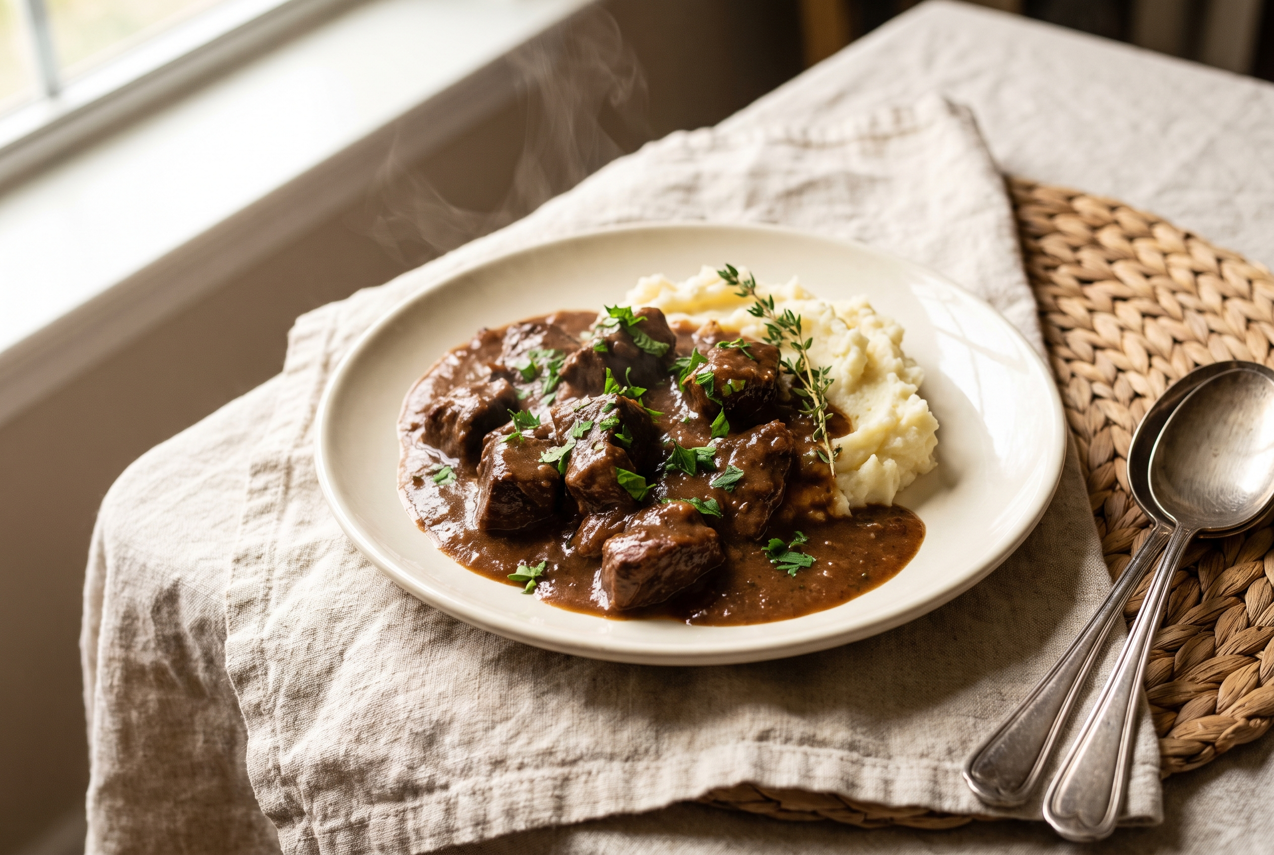 A plate of slow cooker beef tips in dark mushroom gravy over mashed potatoes with chopped parsley, roasted green beans on the side and a fork resting on the rim