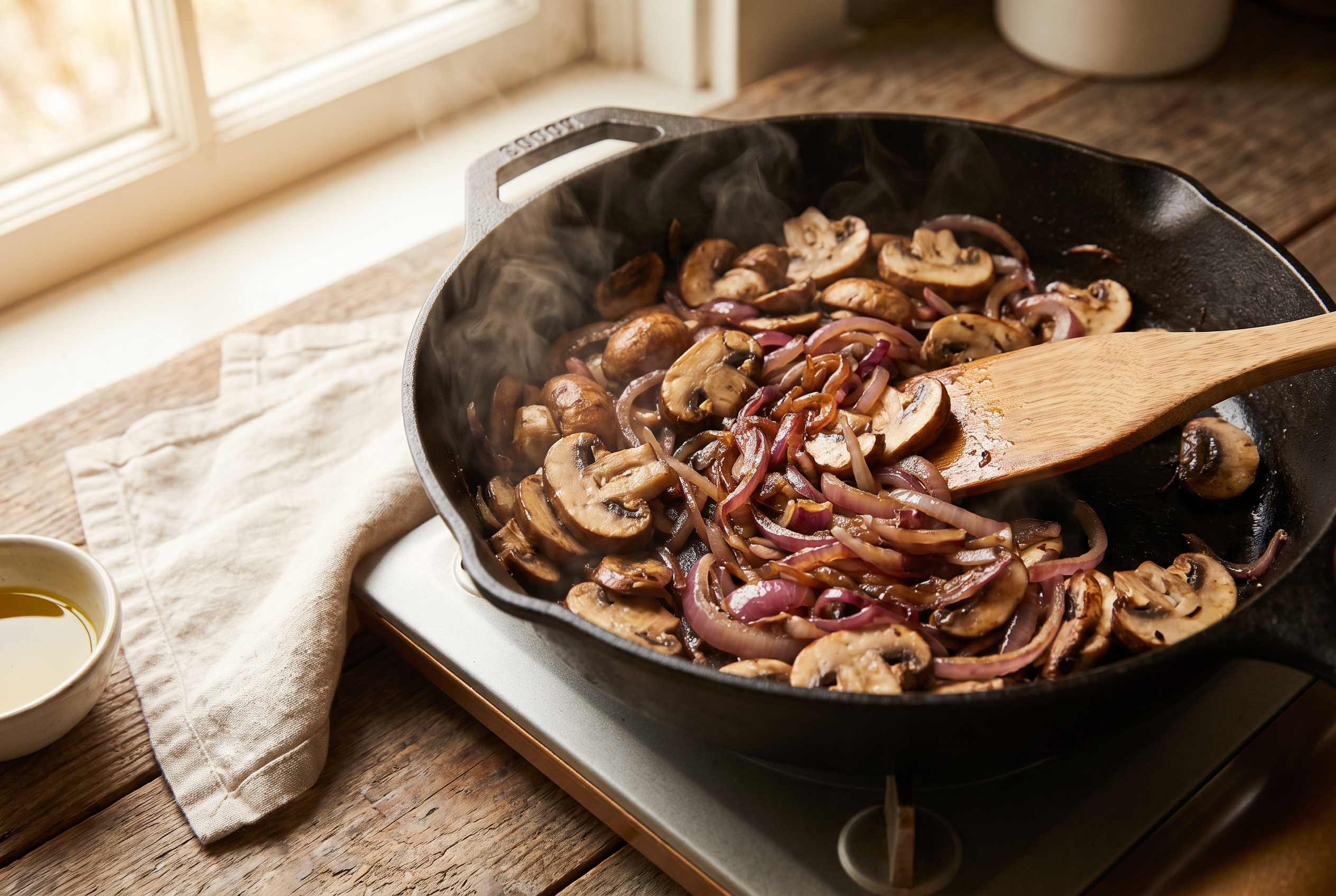Sliced mushrooms and diced onion sautéing in the same skillet used to sear the beef, picking up the browned bits