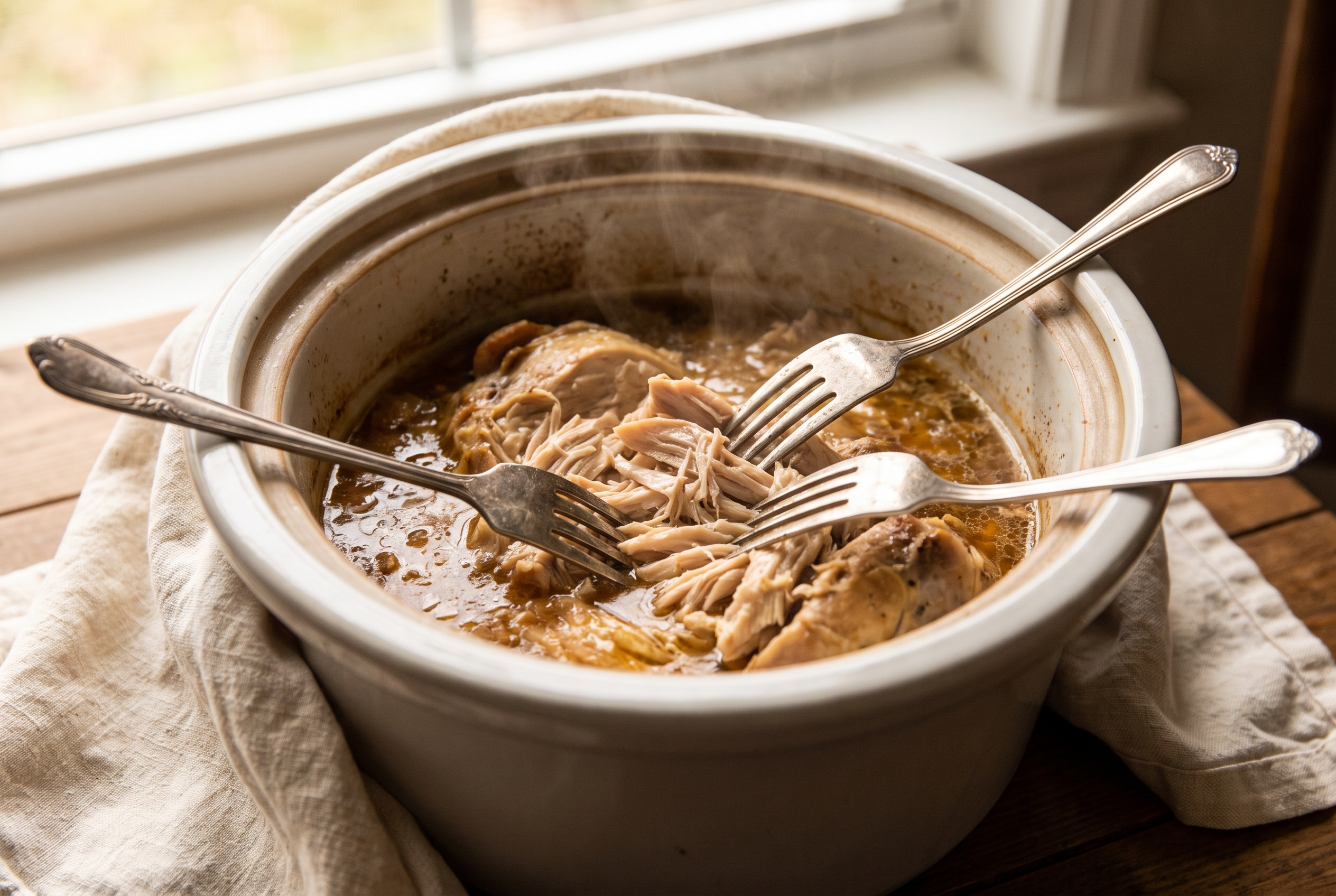 Two forks shredding tender Mississippi chicken in the slow cooker with pepperoncini peppers