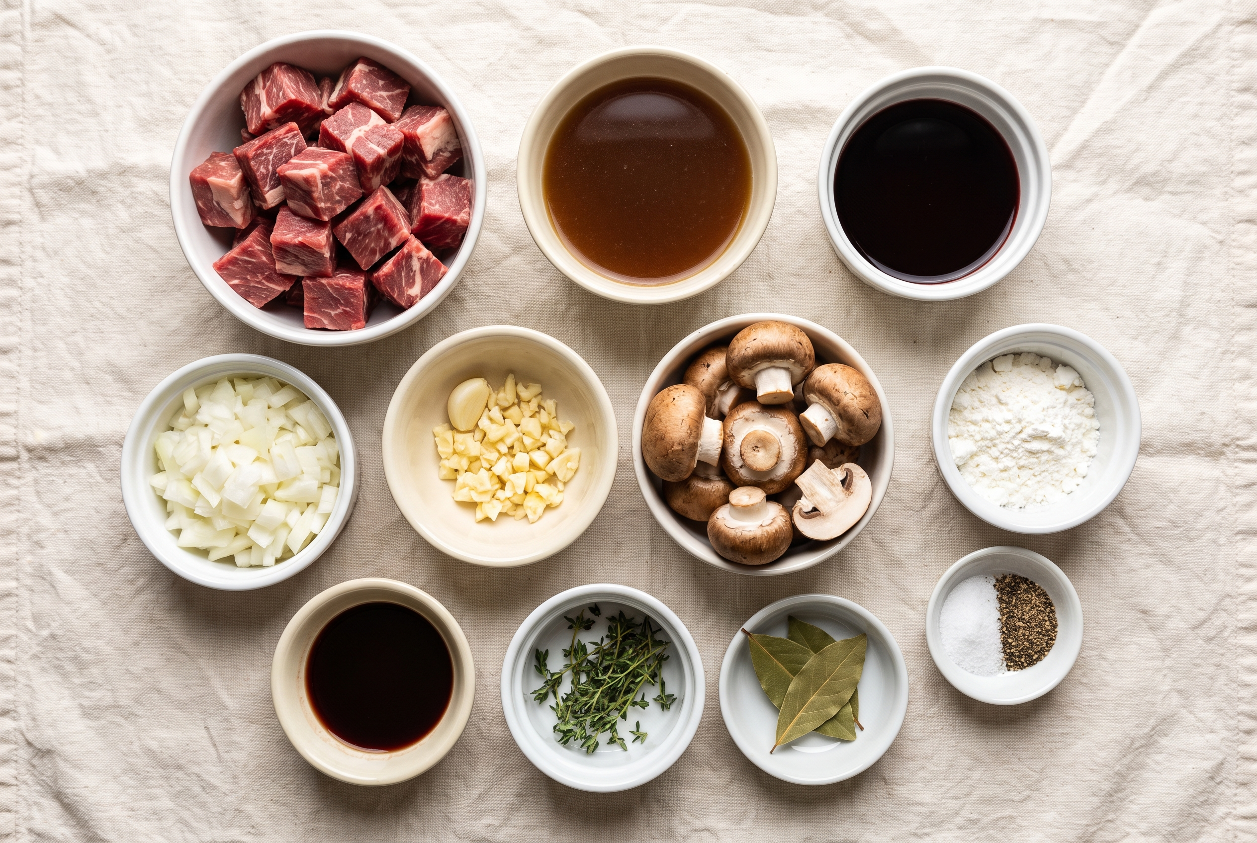 Ingredients for slow cooker beef tips in small bowls: cubed chuck roast, sliced cremini mushrooms, diced yellow onion, garlic, beef broth, Worcestershire sauce, tomato paste, thyme, a bay leaf, cornstarch and seasonings