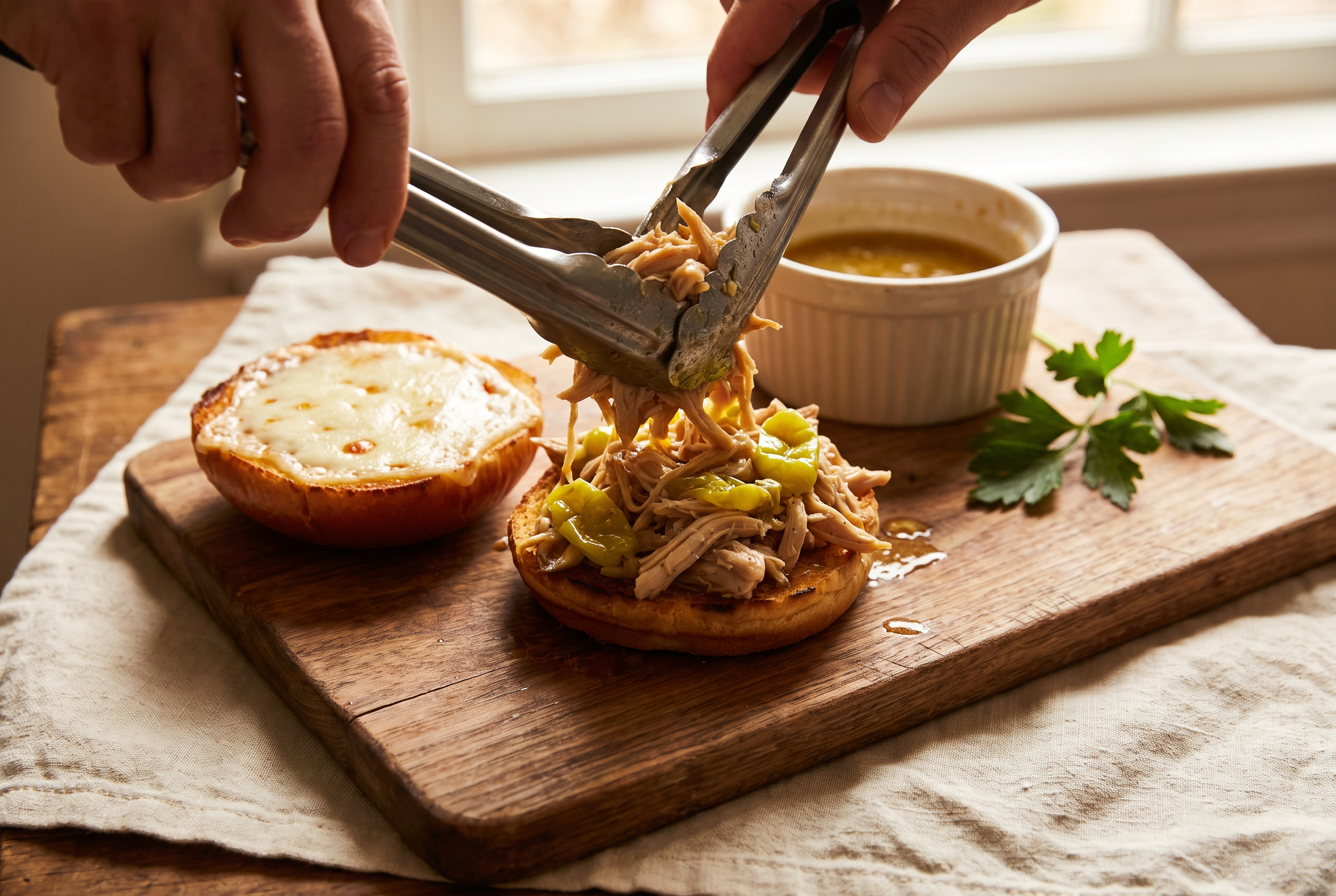 Mississippi chicken piled onto a toasted brioche bun with melted provolone and pepperoncini