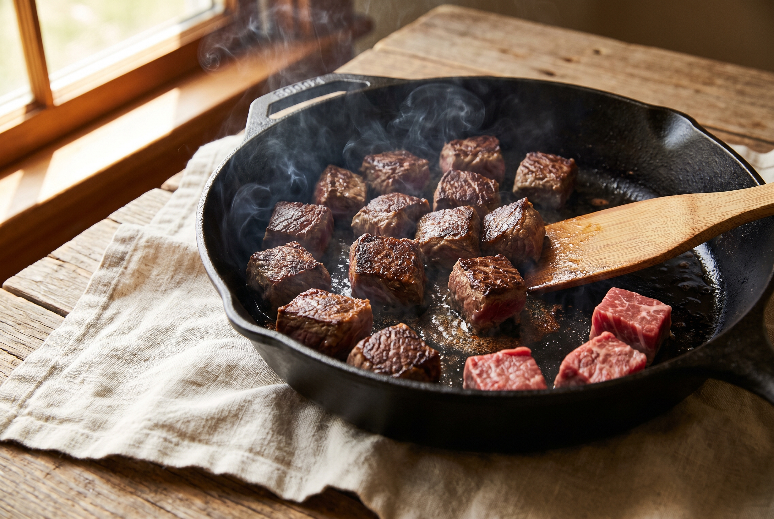 Beef cubes searing to a dark brown crust in a hot skillet, spaced apart in a single layer