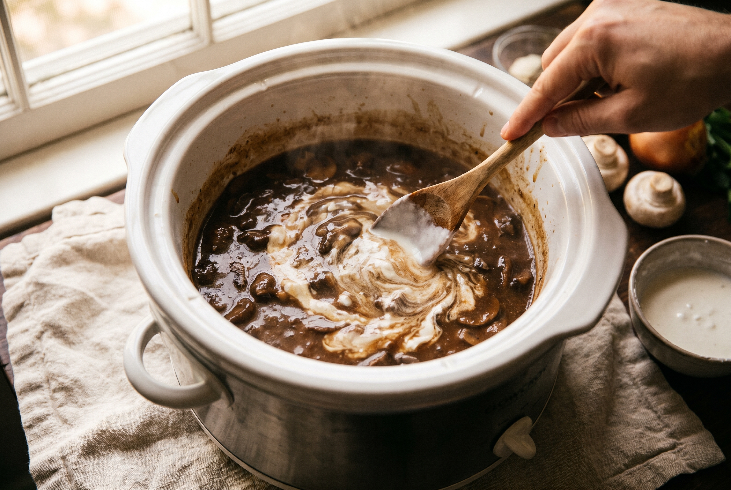 A cornstarch slurry being stirred into the slow cooker to thicken the brown mushroom gravy around the beef tips