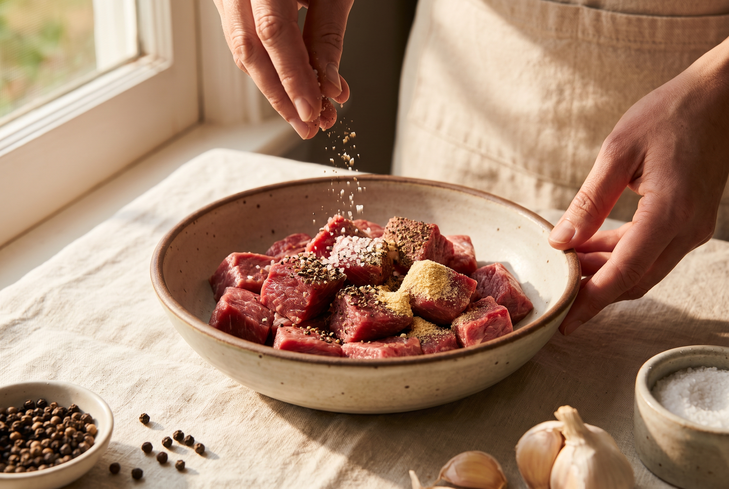 Cubes of beef chuck in a bowl being tossed with salt, black pepper, garlic powder and a little flour