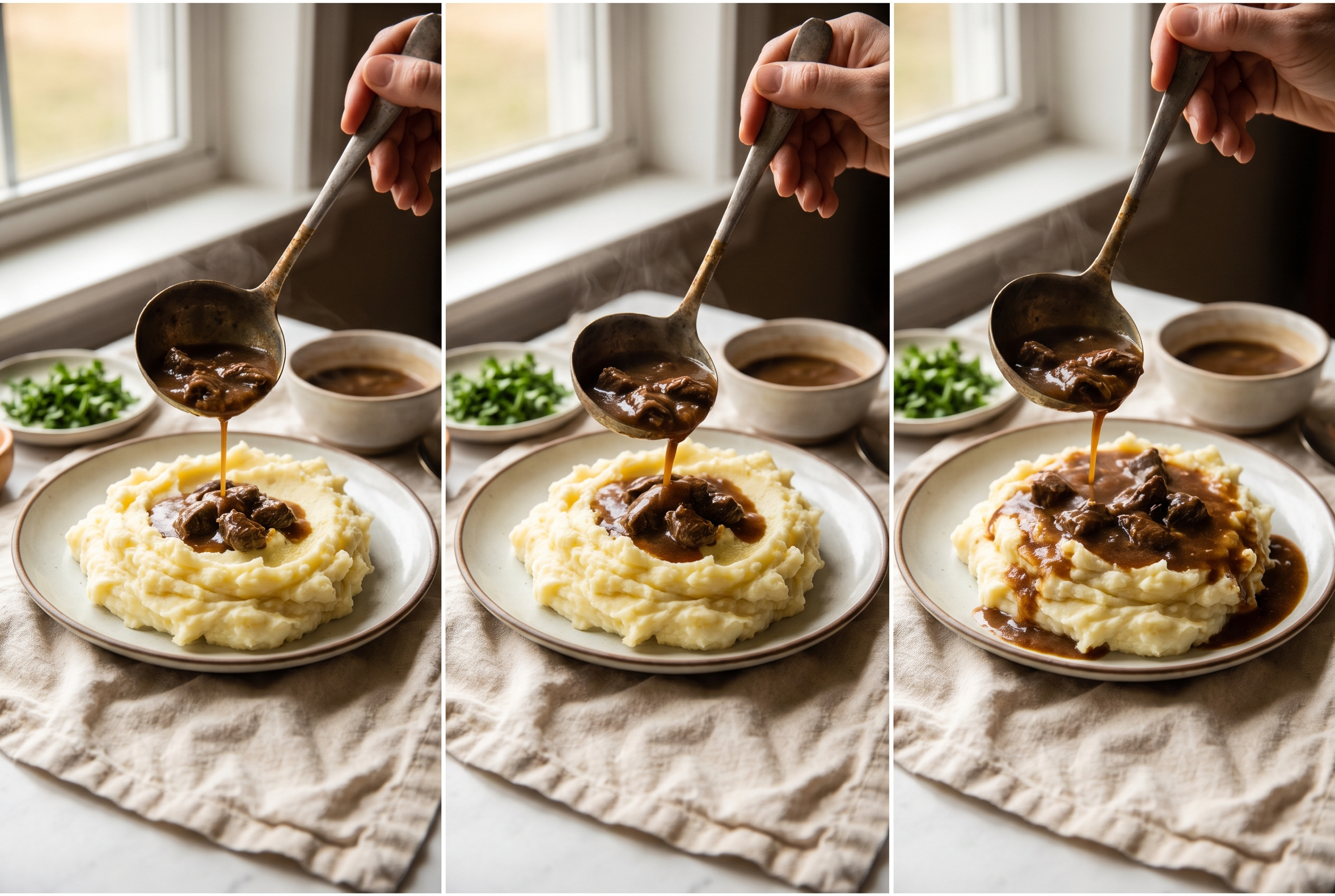 Crockpot beef tips and mushroom gravy being ladled over a mound of creamy mashed potatoes on a plate