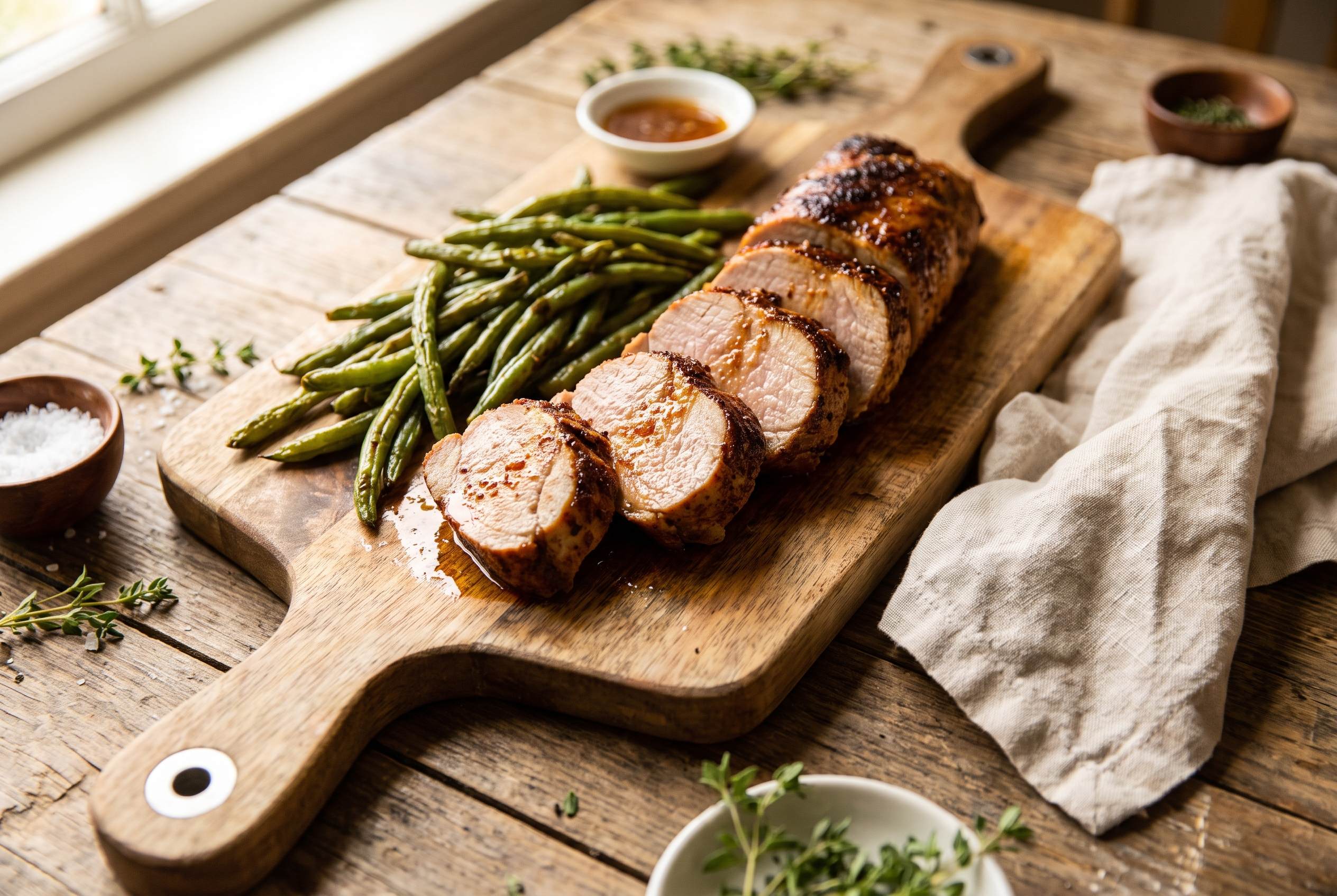 Air fryer pork tenderloin sliced into juicy medallions with a brown sugar garlic spice crust, resting on a wooden board with roasted green beans alongside