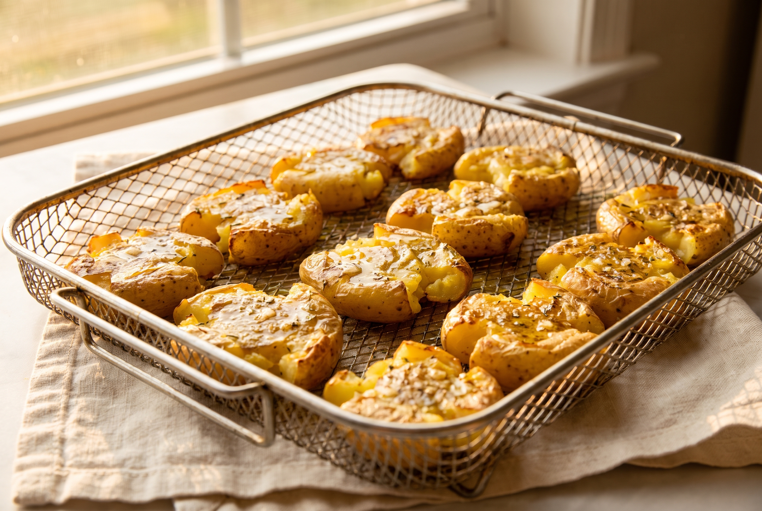 Smashed potatoes arranged in a single layer in an air fryer basket, not touching