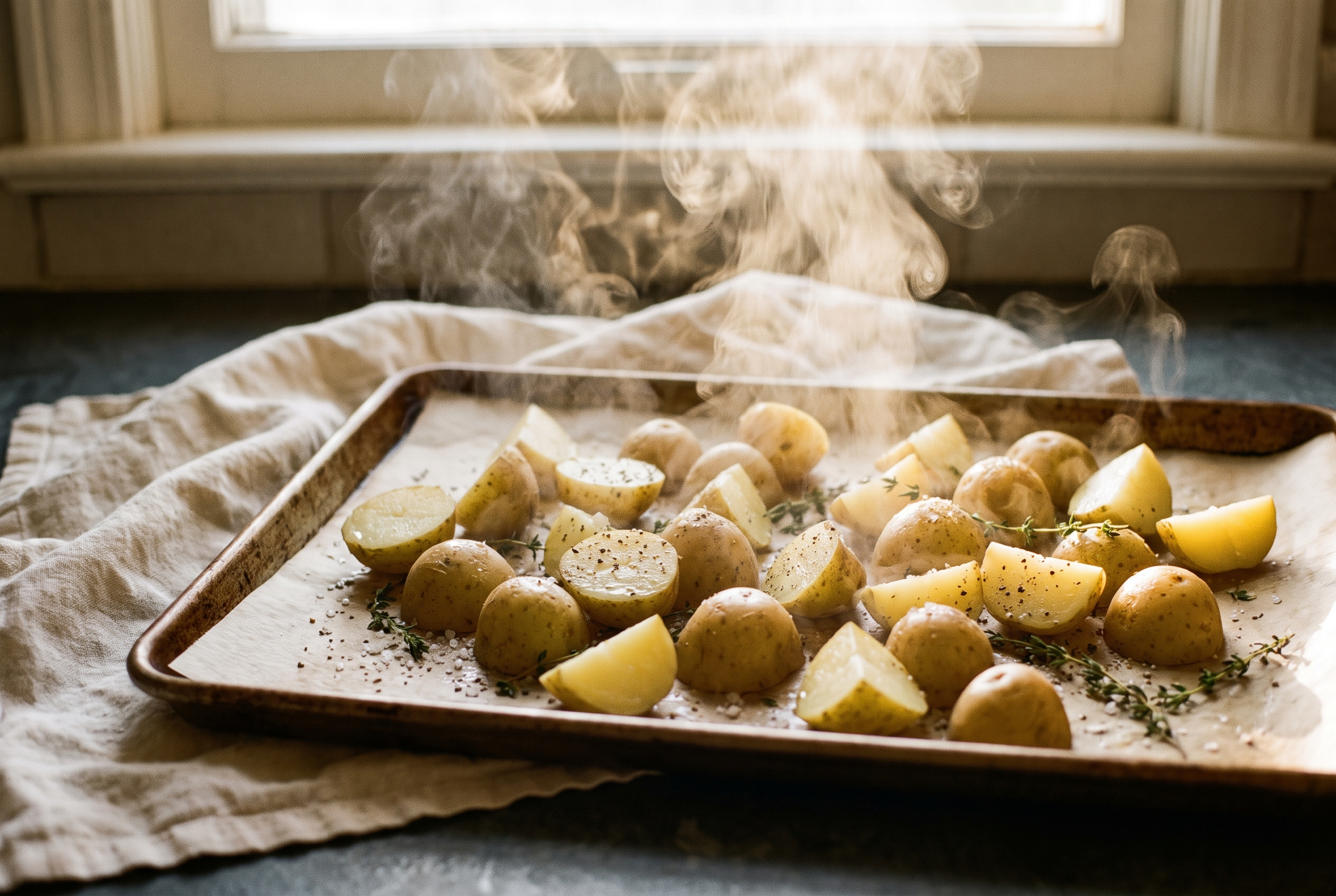 Drained boiled baby potatoes steaming on a sheet pan
